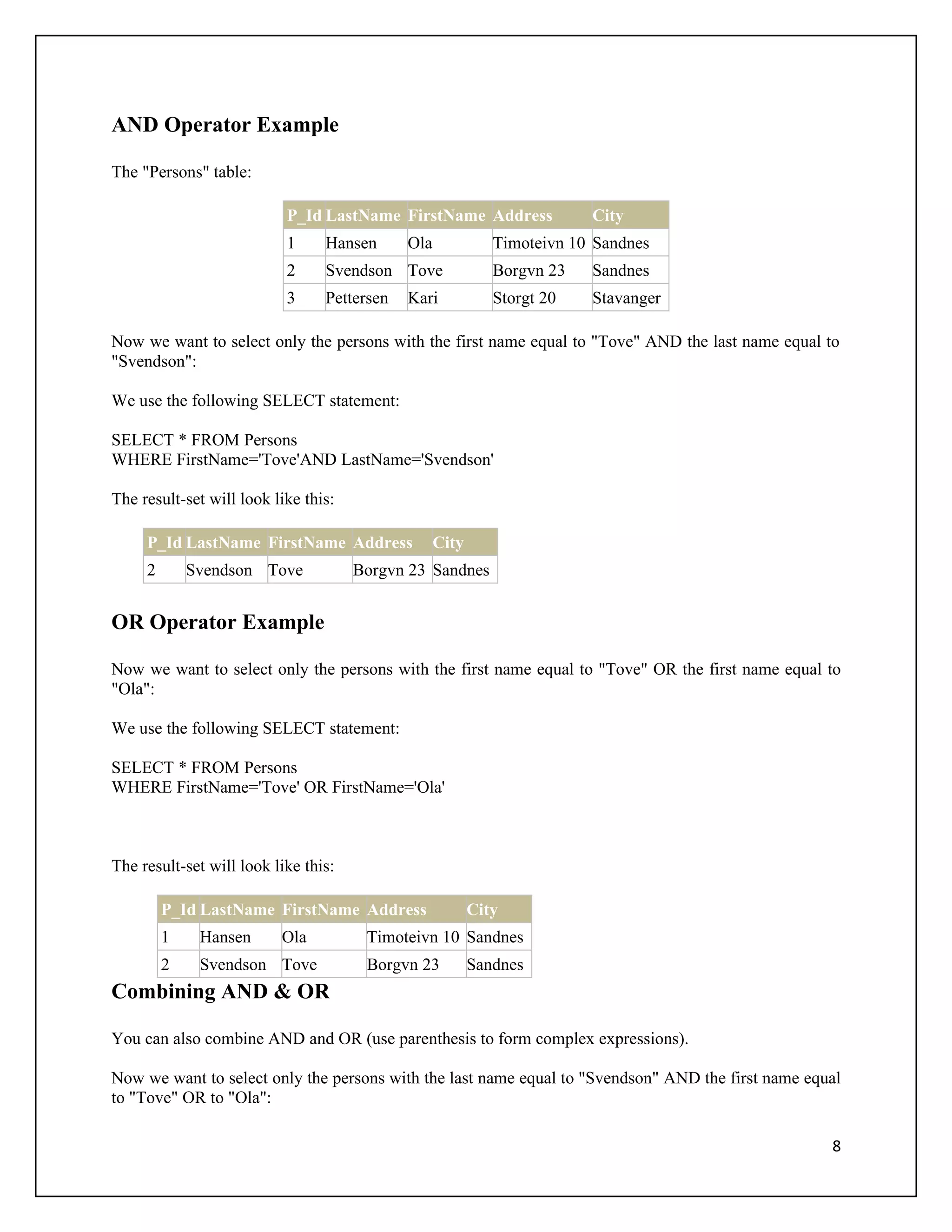 AND Operator Example

The "Persons" table:

                           P_Id LastName FirstName Address               City
                           1     Hansen      Ola             Timoteivn 10 Sandnes
                           2     Svendson Tove               Borgvn 23   Sandnes
                           3     Pettersen   Kari            Storgt 20   Stavanger

Now we want to select only the persons with the first name equal to "Tove" AND the last name equal to
"Svendson":

We use the following SELECT statement:

SELECT * FROM Persons
WHERE FirstName='Tove'AND LastName='Svendson'

The result-set will look like this:

     P_Id LastName FirstName Address               City
     2       Svendson Tove            Borgvn 23 Sandnes


OR Operator Example

Now we want to select only the persons with the first name equal to "Tove" OR the first name equal to
"Ola":

We use the following SELECT statement:

SELECT * FROM Persons
WHERE FirstName='Tove' OR FirstName='Ola'



The result-set will look like this:

         P_Id LastName FirstName Address                  City
         1    Hansen      Ola          Timoteivn 10 Sandnes
         2    Svendson Tove            Borgvn 23          Sandnes
Combining AND & OR

You can also combine AND and OR (use parenthesis to form complex expressions).

Now we want to select only the persons with the last name equal to "Svendson" AND the first name equal
to "Tove" OR to "Ola":

                                                                                                    8
 
