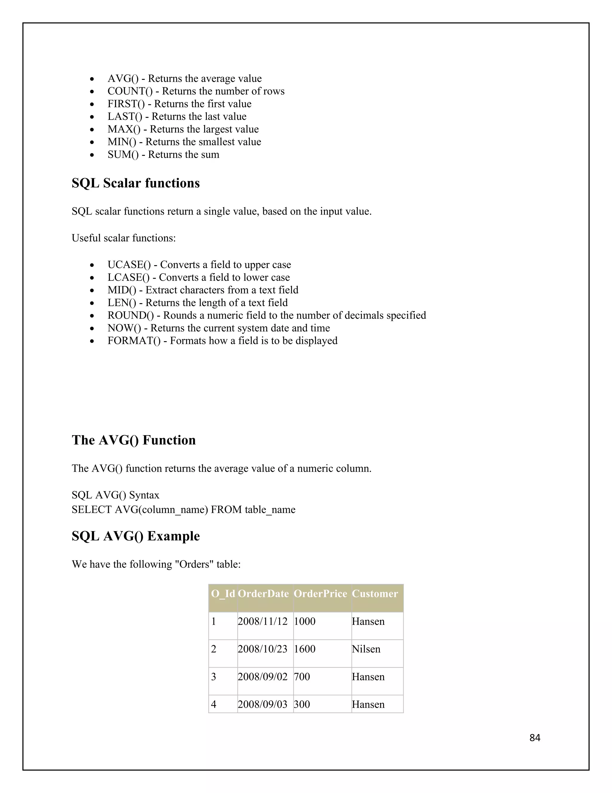 •   AVG() - Returns the average value
    •   COUNT() - Returns the number of rows
    •   FIRST() - Returns the first value
    •   LAST() - Returns the last value
    •   MAX() - Returns the largest value
    •   MIN() - Returns the smallest value
    •   SUM() - Returns the sum

SQL Scalar functions
SQL scalar functions return a single value, based on the input value.

Useful scalar functions:

    •   UCASE() - Converts a field to upper case
    •   LCASE() - Converts a field to lower case
    •   MID() - Extract characters from a text field
    •   LEN() - Returns the length of a text field
    •   ROUND() - Rounds a numeric field to the number of decimals specified
    •   NOW() - Returns the current system date and time
    •   FORMAT() - Formats how a field is to be displayed




The AVG() Function
The AVG() function returns the average value of a numeric column.

SQL AVG() Syntax
SELECT AVG(column_name) FROM table_name

SQL AVG() Example
We have the following "Orders" table:

                                O_Id OrderDate OrderPrice Customer

                                1     2008/11/12 1000           Hansen

                                2     2008/10/23 1600           Nilsen

                                3     2008/09/02 700            Hansen

                                4     2008/09/03 300            Hansen


                                                                               84
 