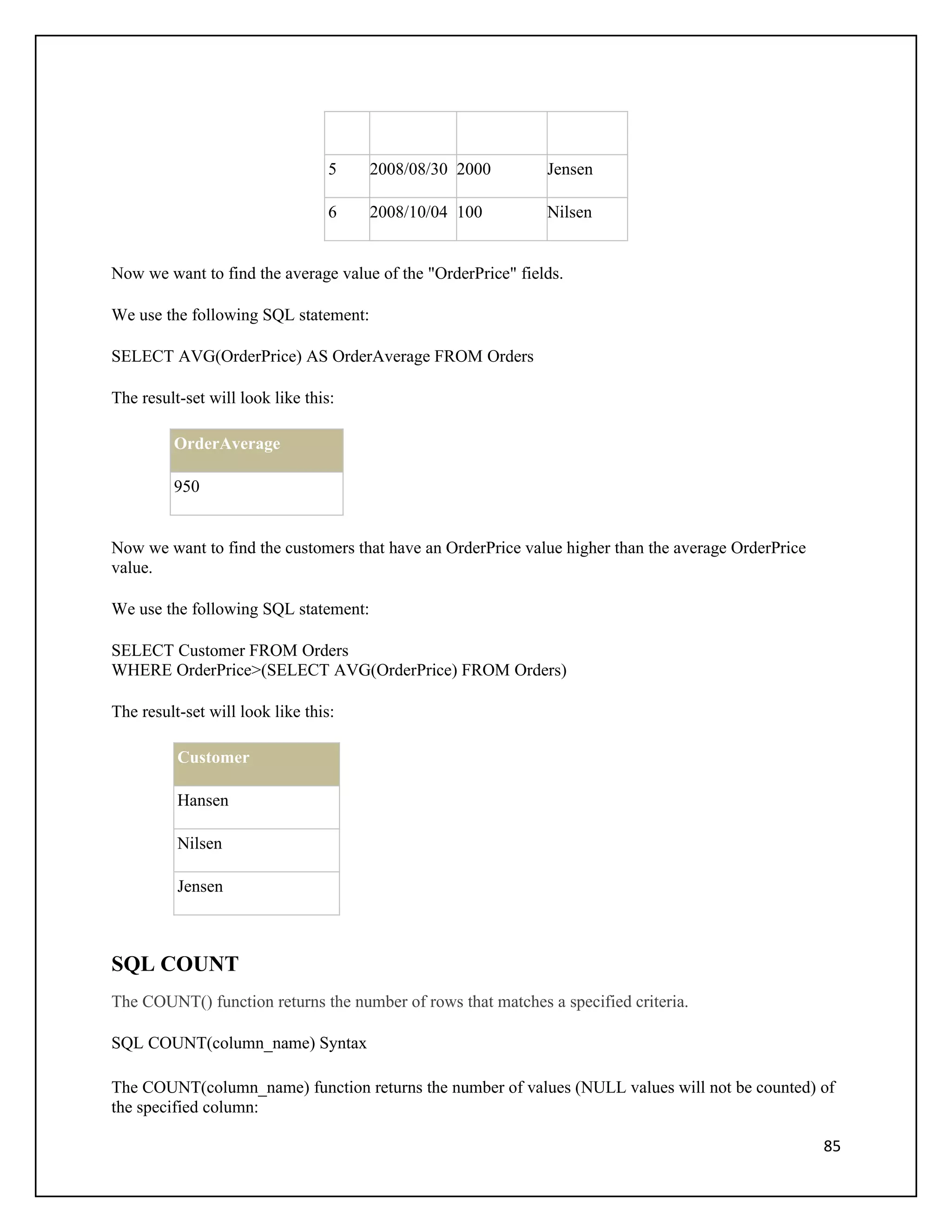 5   2008/08/30 2000         Jensen

                                  6   2008/10/04 100          Nilsen


Now we want to find the average value of the "OrderPrice" fields.

We use the following SQL statement:

SELECT AVG(OrderPrice) AS OrderAverage FROM Orders

The result-set will look like this:

         OrderAverage

         950


Now we want to find the customers that have an OrderPrice value higher than the average OrderPrice
value.

We use the following SQL statement:

SELECT Customer FROM Orders
WHERE OrderPrice>(SELECT AVG(OrderPrice) FROM Orders)

The result-set will look like this:

          Customer

          Hansen

          Nilsen

          Jensen



SQL COUNT
The COUNT() function returns the number of rows that matches a specified criteria.

SQL COUNT(column_name) Syntax

The COUNT(column_name) function returns the number of values (NULL values will not be counted) of
the specified column:

                                                                                                     85
 