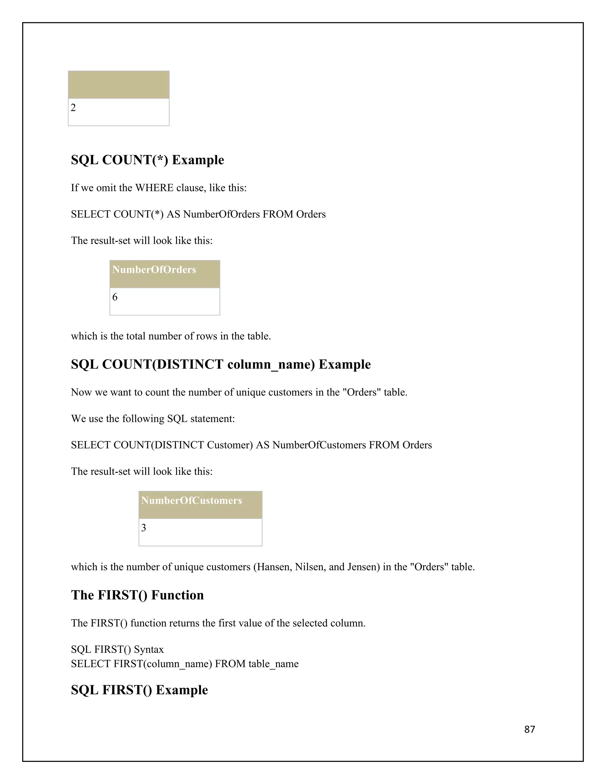 2



SQL COUNT(*) Example
If we omit the WHERE clause, like this:

SELECT COUNT(*) AS NumberOfOrders FROM Orders

The result-set will look like this:

          NumberOfOrders

          6


which is the total number of rows in the table.

SQL COUNT(DISTINCT column_name) Example
Now we want to count the number of unique customers in the "Orders" table.

We use the following SQL statement:

SELECT COUNT(DISTINCT Customer) AS NumberOfCustomers FROM Orders

The result-set will look like this:

                 NumberOfCustomers

                 3


which is the number of unique customers (Hansen, Nilsen, and Jensen) in the "Orders" table.

The FIRST() Function
The FIRST() function returns the first value of the selected column.

SQL FIRST() Syntax
SELECT FIRST(column_name) FROM table_name

SQL FIRST() Example

                                                                                              87
 