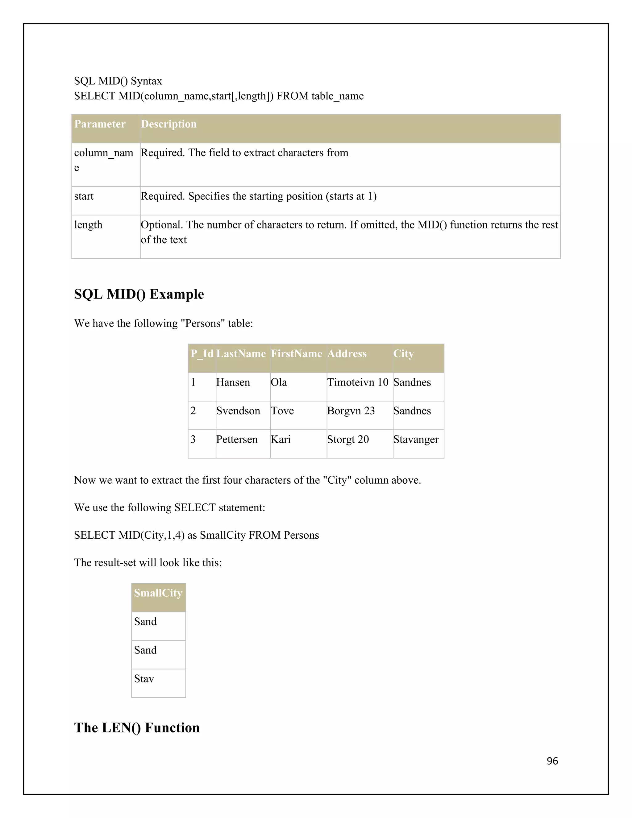 SQL MID() Syntax
SELECT MID(column_name,start[,length]) FROM table_name

Parameter      Description

column_nam Required. The field to extract characters from
e

start          Required. Specifies the starting position (starts at 1)

length         Optional. The number of characters to return. If omitted, the MID() function returns the rest
               of the text



SQL MID() Example
We have the following "Persons" table:

                           P_Id LastName FirstName Address               City

                           1     Hansen      Ola          Timoteivn 10 Sandnes

                           2     Svendson Tove            Borgvn 23      Sandnes

                           3     Pettersen   Kari         Storgt 20      Stavanger


Now we want to extract the first four characters of the "City" column above.

We use the following SELECT statement:

SELECT MID(City,1,4) as SmallCity FROM Persons

The result-set will look like this:

              SmallCity

              Sand

              Sand

              Stav



The LEN() Function

                                                                                                         96
 