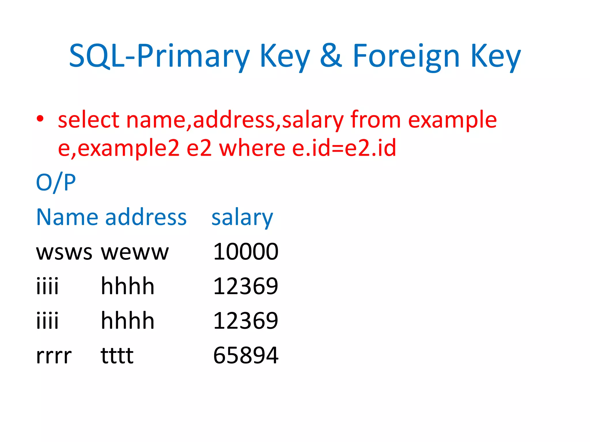 SQL-Primary Key & Foreign Key select name,address,salary from example e,example2 e2 where e.id=e2.idO/PName address    salarywswsweww	10000iiiihhhh	12369iiiihhhh 	12369rrrrtttt	          65894