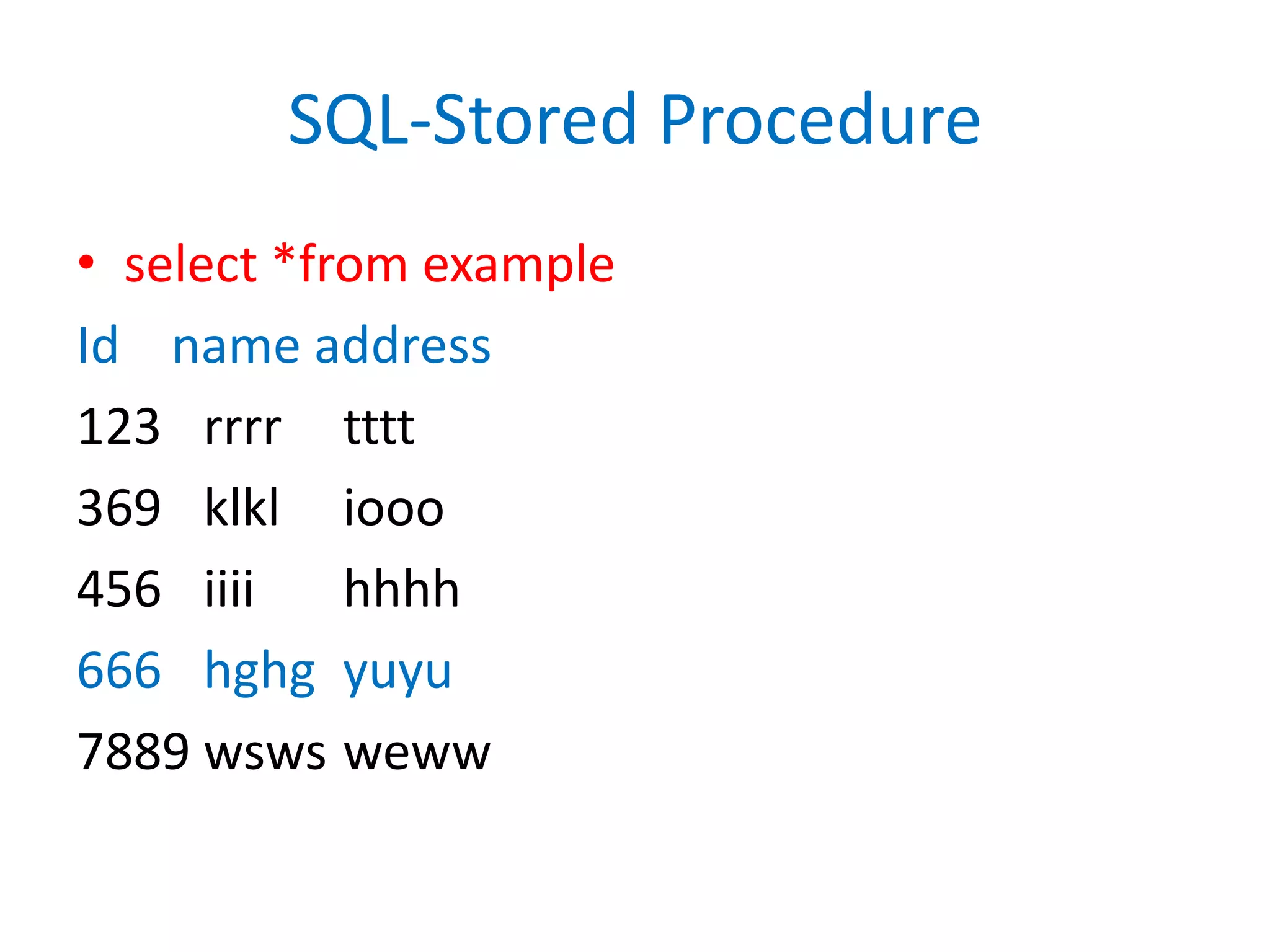 SQL-Stored Procedureselect *from exampleId    name address123	rrrrtttt369	klkliooo456	iiiihhhh666	hghgyuyu7889	wswsweww