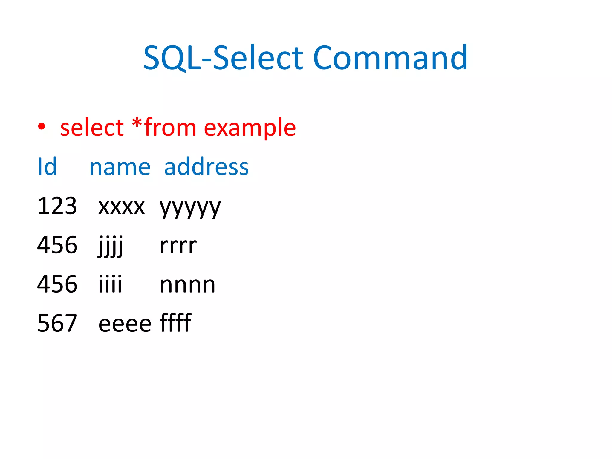 SQL-Select Commandselect *from exampleId     name  address123	xxxxyyyyy456	jjjjrrrr456	iiiinnnn567	eeeeffff