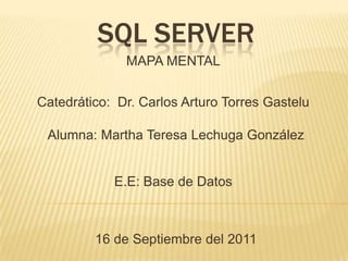 SQL SERVER MAPA MENTAL Catedrático:  Dr. Carlos Arturo Torres Gastelu  Alumna: Martha Teresa Lechuga González E.E: Base de Datos 16 de Septiembre del 2011 