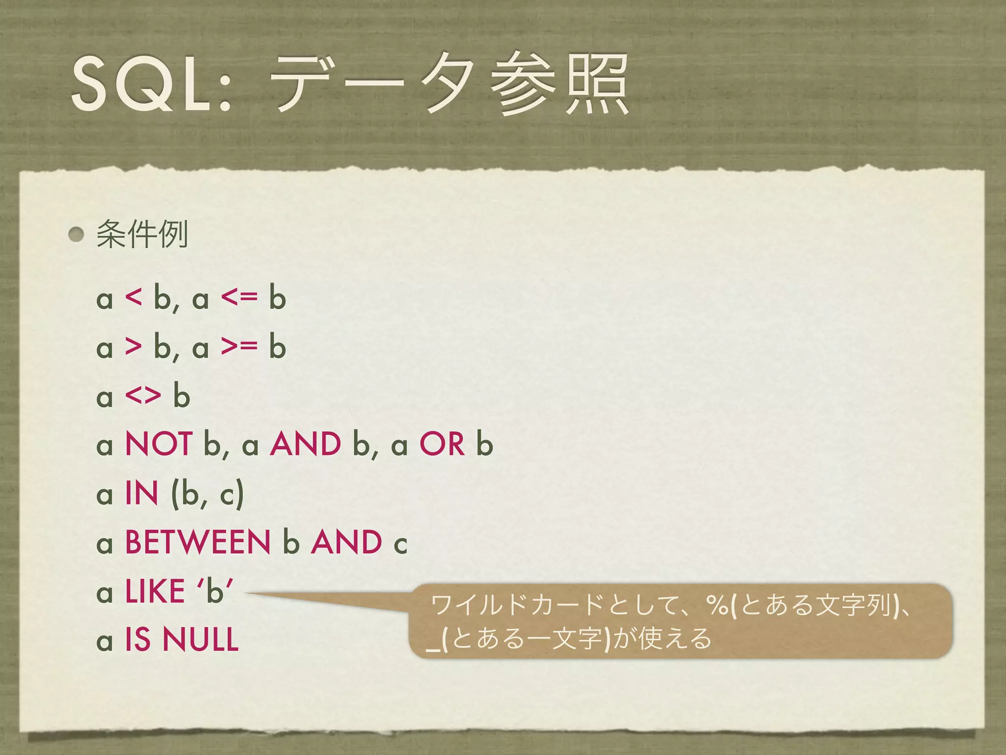 SQL: データ参照
条件例

a < b, a <= b
a > b, a >= b
a <> b
a NOT b, a AND b, a OR b
a IN (b, c)
a BETWEEN b AND c
a LIKE ‘b’          ワイルドカードとして、%(とある文字列)、
a IS NULL           _(とある一文字)が使える
 