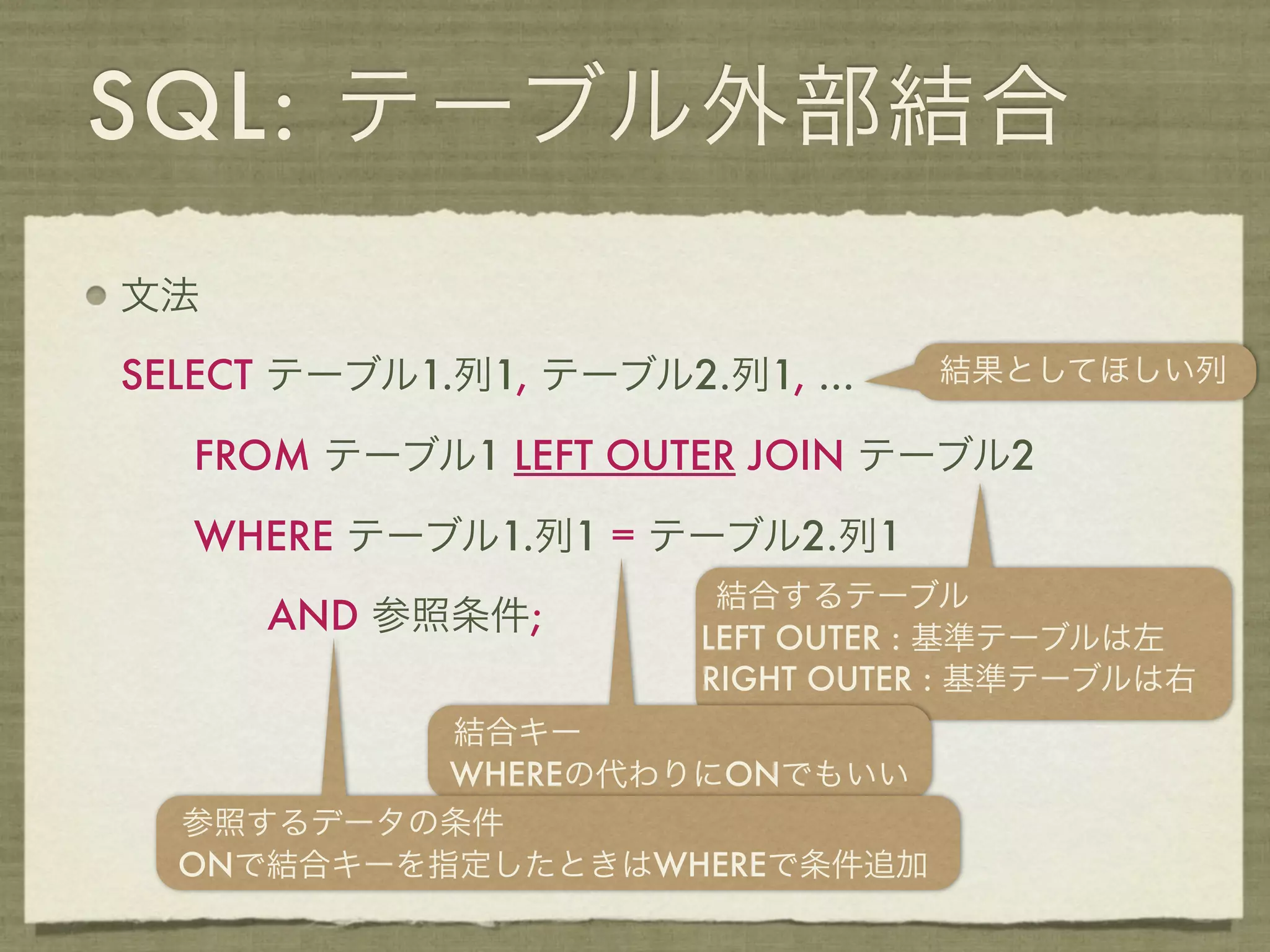 SQL: テーブル外部結合
文法

SELECT テーブル1.列1, テーブル2.列1, ...   結果としてほしい列

   FROM テーブル1 LEFT OUTER JOIN テーブル2

   WHERE テーブル1.列1 = テーブル2.列1
                        結合するテーブル
      AND 参照条件;        LEFT OUTER : 基準テーブルは左
                       RIGHT OUTER : 基準テーブルは右
           結合キー
           WHEREの代わりにONでもいい
  参照するデータの条件
  ONで結合キーを指定したときはWHEREで条件追加
 