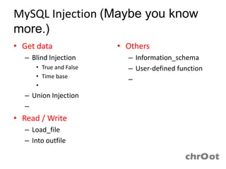 MySQL Injection (Maybe you know
more.)
• Get data                    • Others
  – Blind Injection             – Informatio...