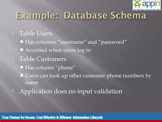     Table Users
            Has columns “username” and “password”
            Accessed when users log in

          Table Customers
            Has column “phone”
            Users can look up other customer phone numbers by
             name
          Application does no input validation



Introduction   Background   Techniques   Prevention   Demo   Conclusions   Questions
 