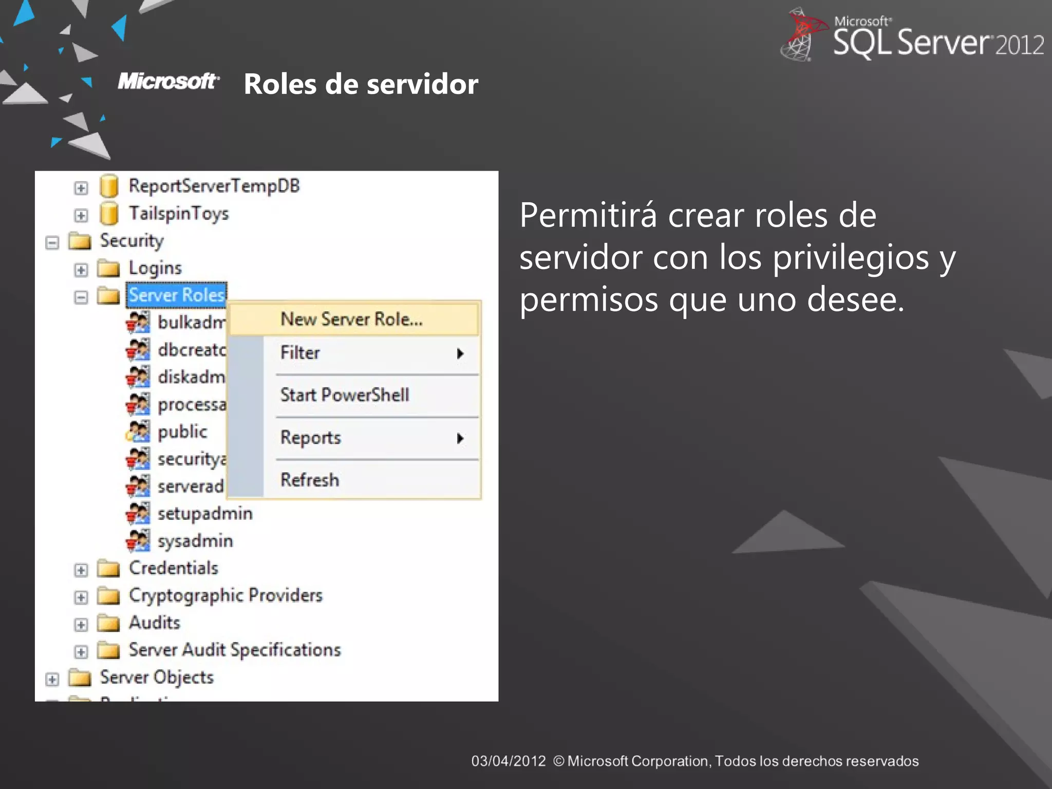 Roles de servidor
Permitirá crear roles de
servidor con los privilegios y
permisos que uno desee.
 