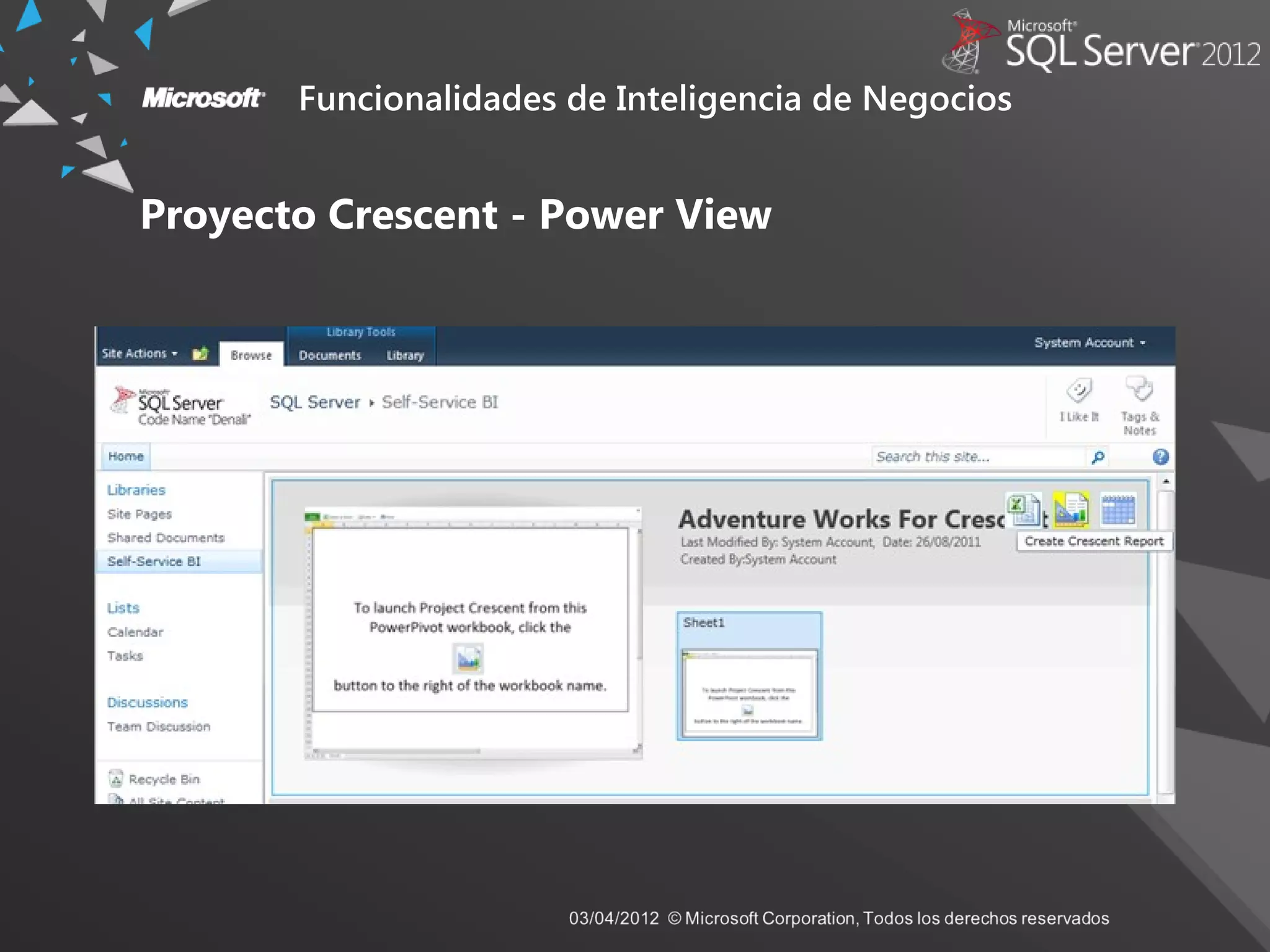 Funcionalidades de Inteligencia de Negocios
Proyecto Crescent - Power View
 