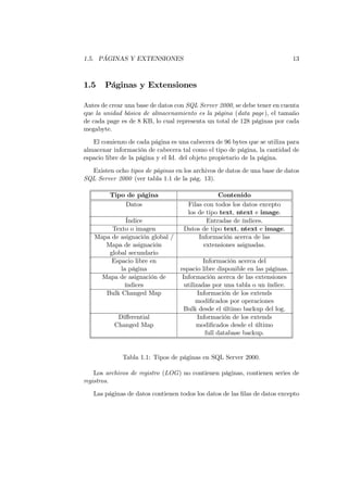 1.5. PÁGINAS Y EXTENSIONES                                                   13



1.5    Páginas y Extensiones

Antes de crear una base de datos con SQL Server 2000, se debe tener en cuenta
que la unidad básica de almacenamiento es la página (data page), el tamaño
de cada page es de 8 KB, lo cual representa un total de 128 páginas por cada
megabyte.

   El comienzo de cada página es una cabecera de 96 bytes que se utiliza para
almacenar información de cabecera tal como el tipo de página, la cantidad de
espacio libre de la página y el Id. del objeto propietario de la página.

  Existen ocho tipos de páginas en los archivos de datos de una base de datos
SQL Server 2000 (ver tabla 1.1 de la pág. 13).

         Tipo de página                        Contenido
             Datos                  Filas con todos los datos excepto
                                    los de tipo text, ntext e image.
             Índice                        Entradas de índices.
        Texto o imagen             Datos de tipo text, ntext e image.
   Mapa de asignación global /          Información acerca de las
      Mapa de asignación                  extensiones asignadas.
       global secundario
        Espacio libre en                    Información acerca del
           la página              espacio libre disponible en las páginas.
     Mapa de asignación de         Información acerca de las extensiones
            índices                 utilizadas por una tabla o un índice.
      Bulk Changed Map                    Información de los extends
                                         modiﬁcados por operaciones
                                    Bulk desde el último backup del log.
            Diﬀerential                   Información de los extends
           Changed Map                   modiﬁcados desde el último
                                             full database backup.


             Tabla 1.1: Tipos de páginas en SQL Server 2000.

    Los archivos de registro (LOG) no contienen páginas, contienen series de
registros.
   Las páginas de datos contienen todos los datos de las ﬁlas de datos excepto
 