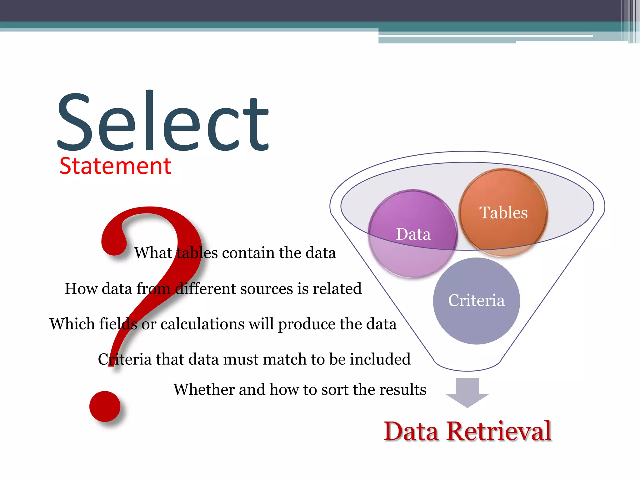 Select
 Statement
                                                            Tables
                                                 Data
            What tables contain the data

  How data from different sources is related
                                                        Criteria
Which fields or calculations will produce the data

      Criteria that data must match to be included
                 Whether and how to sort the results

                                               Data Retrieval
 