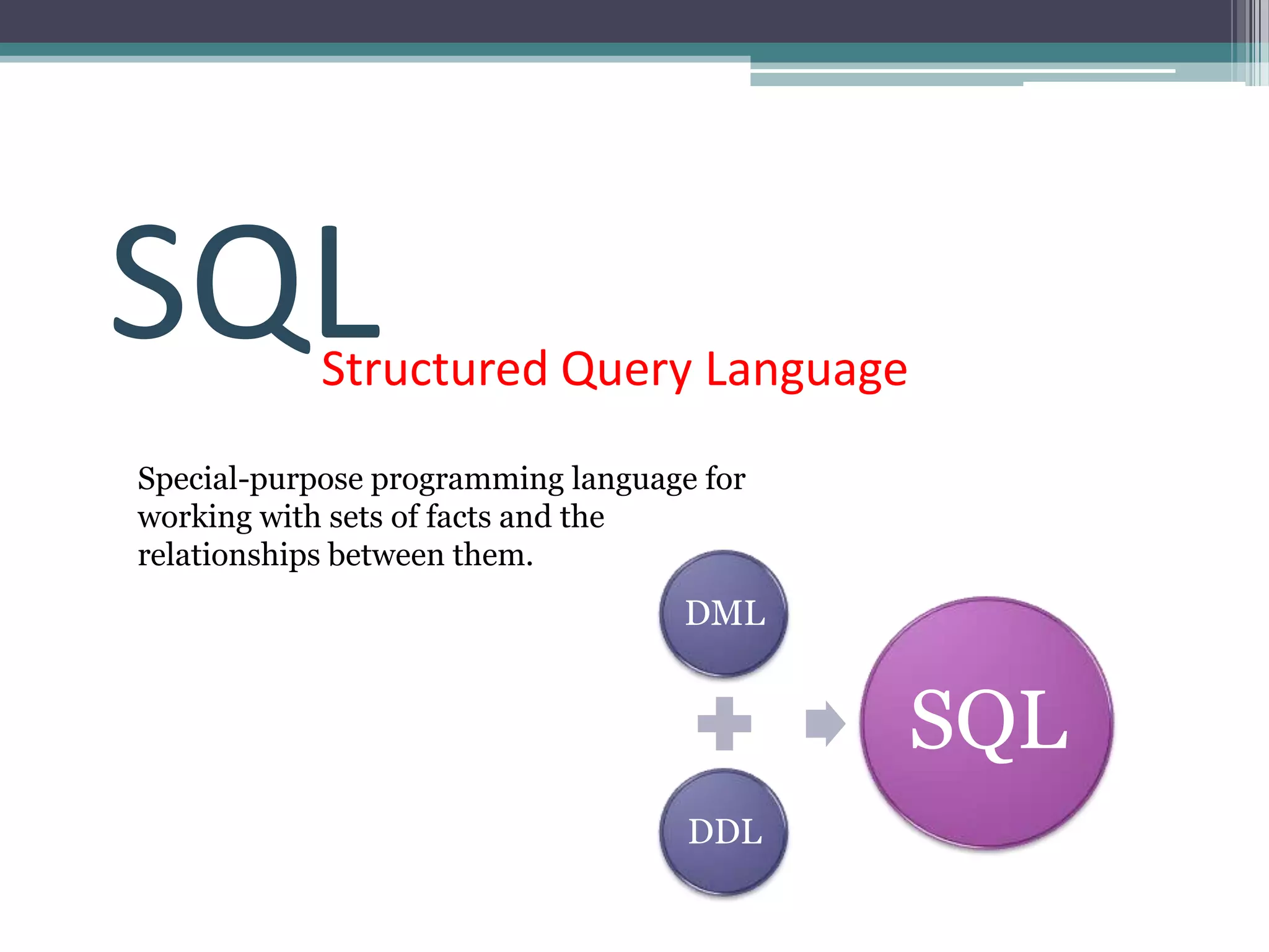 SQL         Structured Query Language
Special-purpose programming language for
working with sets of facts and the
relationships between them.
                                   DML


                                           SQL
                                    DDL
 