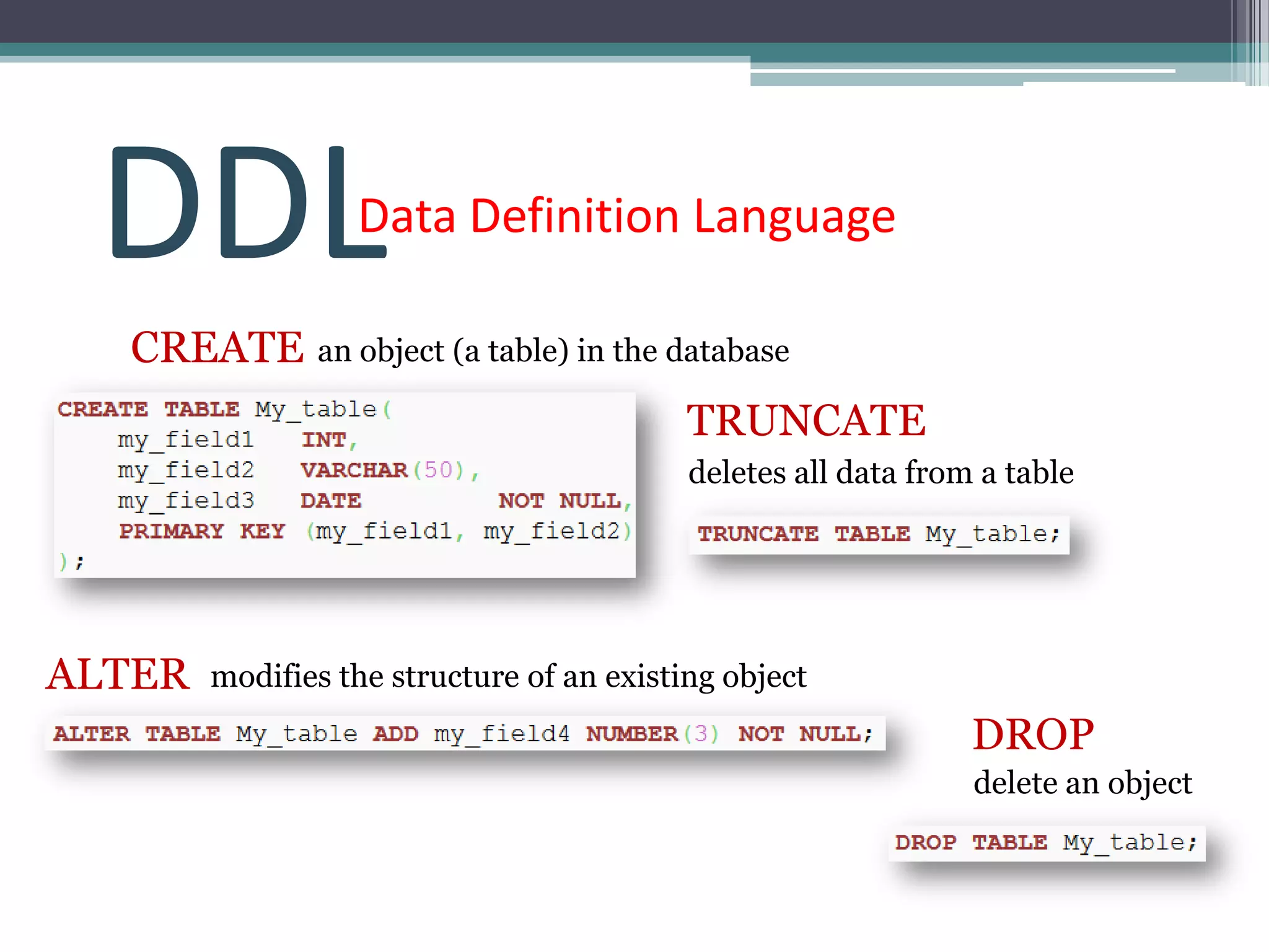 DDL              Data Definition Language

  CREATE       an object (a table) in the database

                                           TRUNCATE
                                           deletes all data from a table




ALTER   modifies the structure of an existing object
                                                                DROP
                                                                delete an object
 