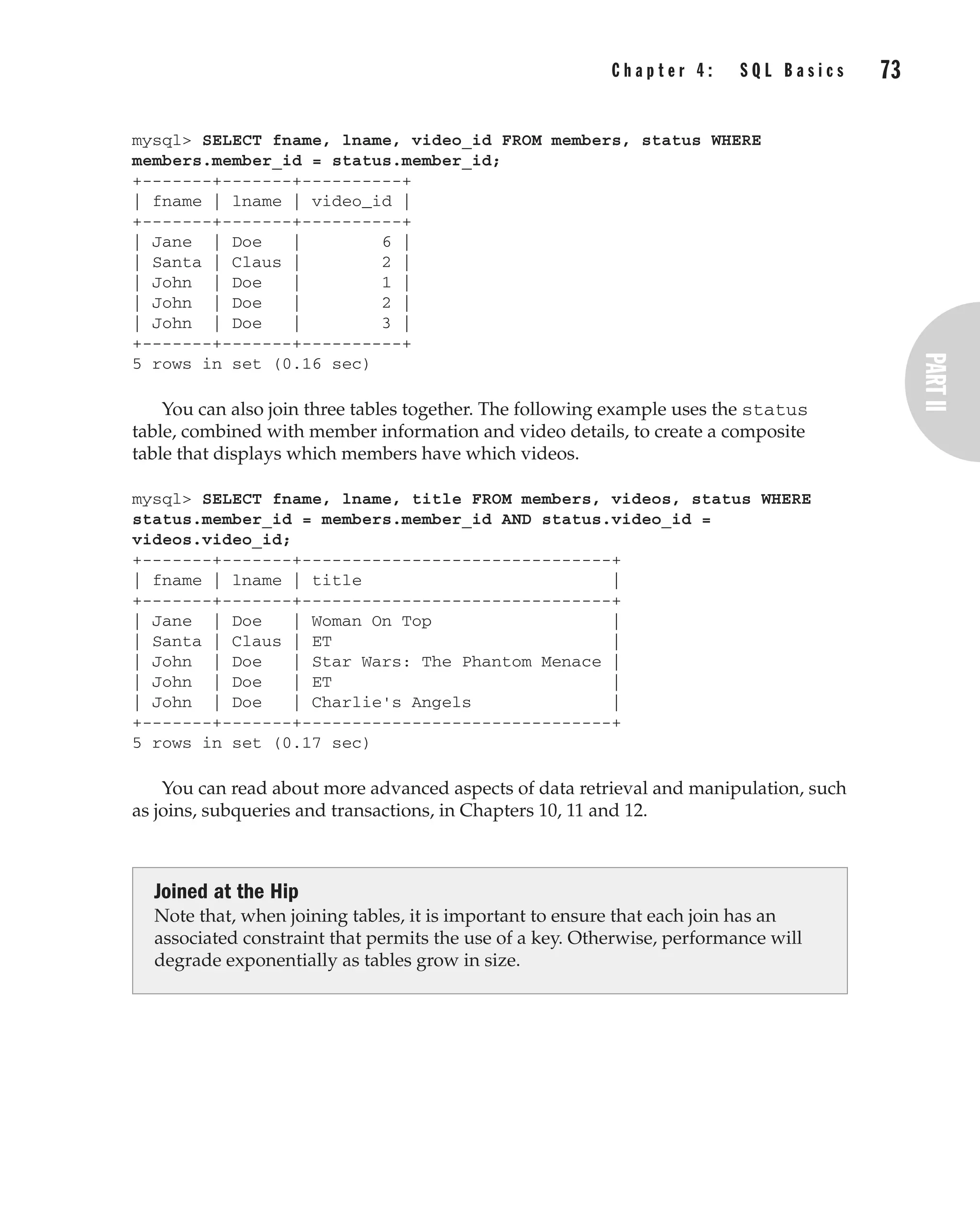 C h a p t e r 4 : S Q L B a s i c s 73
Complete Reference / MySQL: TCR / Vaswani / 222477-0 / Chapter 4
mysql> SELECT fname, lname, video_id FROM members, status WHERE
members.member_id = status.member_id;
+-------+-------+----------+
| fname | lname | video_id |
+-------+-------+----------+
| Jane | Doe | 6 |
| Santa | Claus | 2 |
| John | Doe | 1 |
| John | Doe | 2 |
| John | Doe | 3 |
+-------+-------+----------+
5 rows in set (0.16 sec)
You can also join three tables together. The following example uses the status
table, combined with member information and video details, to create a composite
table that displays which members have which videos.
mysql> SELECT fname, lname, title FROM members, videos, status WHERE
status.member_id = members.member_id AND status.video_id =
videos.video_id;
+-------+-------+-------------------------------+
| fname | lname | title |
+-------+-------+-------------------------------+
| Jane | Doe | Woman On Top |
| Santa | Claus | ET |
| John | Doe | Star Wars: The Phantom Menace |
| John | Doe | ET |
| John | Doe | Charlie's Angels |
+-------+-------+-------------------------------+
5 rows in set (0.17 sec)
You can read about more advanced aspects of data retrieval and manipulation, such
as joins, subqueries and transactions, in Chapters 10, 11 and 12.
Joined at the Hip
Note that, when joining tables, it is important to ensure that each join has an
associated constraint that permits the use of a key. Otherwise, performance will
degrade exponentially as tables grow in size.
P:010CompCompRef8477-0ch04.vp
Thursday, December 04, 2003 8:58:49 AM
Color profile: Generic CMYK printer profile
Composite Default screen
 