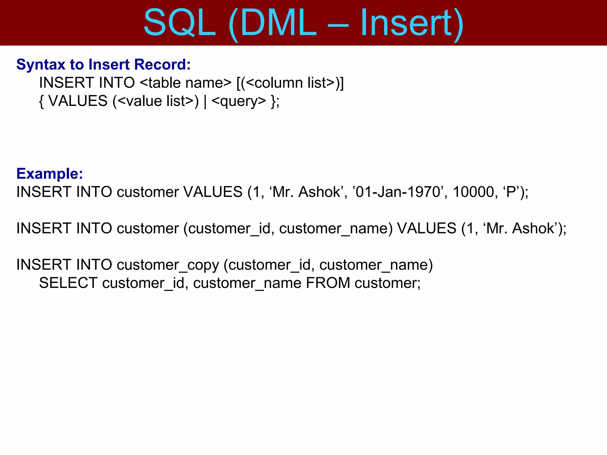 Syntax to Insert Record:
INSERT INTO <table name> [(<column list>)]
{ VALUES (<value list>) | <query> };
Example:
INSERT INTO customer VALUES (1, ‘Mr. Ashok’, ’01-Jan-1970’, 10000, ‘P’);
INSERT INTO customer (customer_id, customer_name) VALUES (1, ‘Mr. Ashok’);
INSERT INTO customer_copy (customer_id, customer_name)
SELECT customer_id, customer_name FROM customer;
SQL (DML – Insert)
 