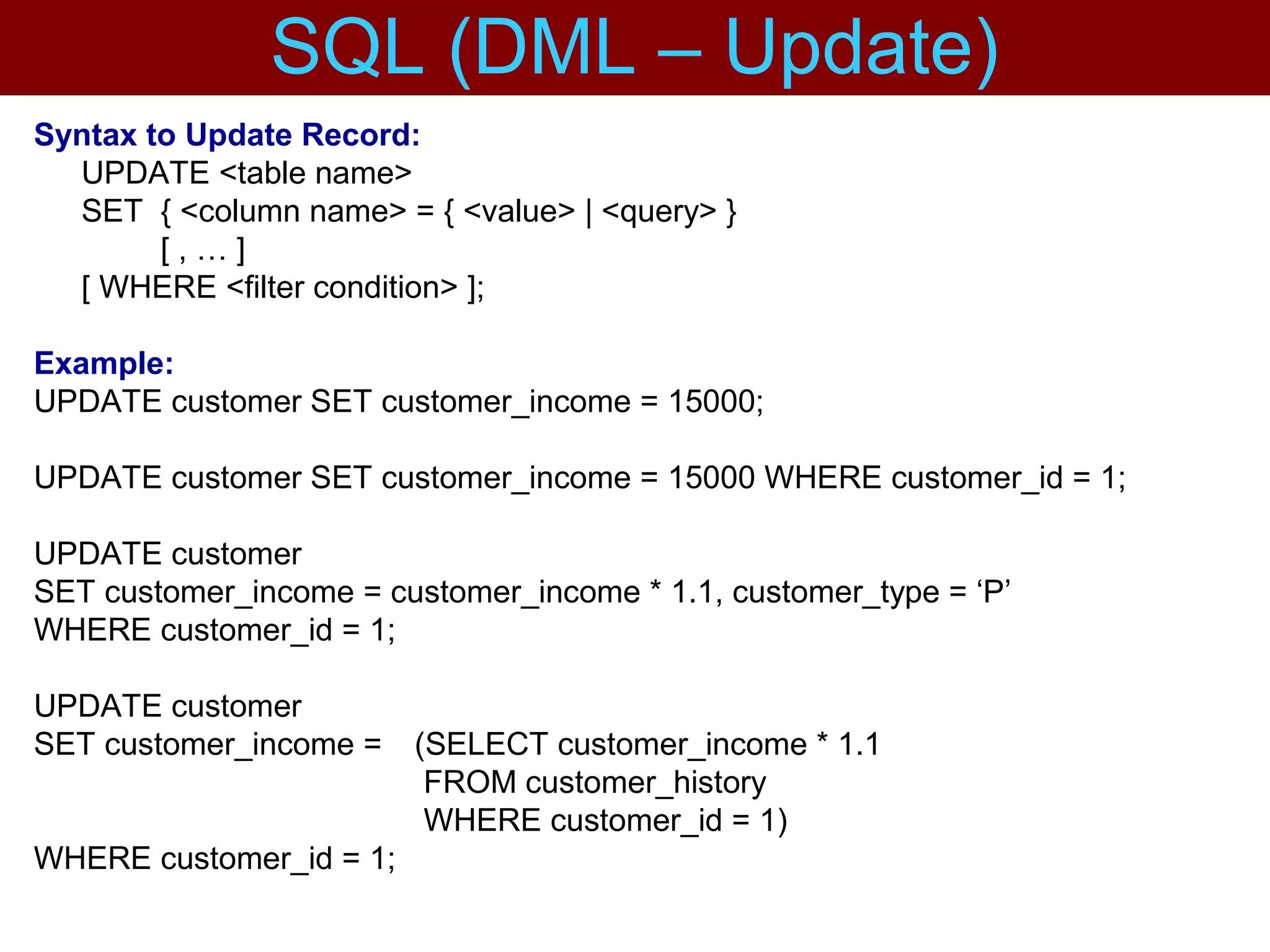 Syntax to Update Record:
UPDATE <table name>
SET { <column name> = { <value> | <query> }
[ , … ]
[ WHERE <filter condition> ];
Example:
UPDATE customer SET customer_income = 15000;
UPDATE customer SET customer_income = 15000 WHERE customer_id = 1;
UPDATE customer
SET customer_income = customer_income * 1.1, customer_type = ‘P’
WHERE customer_id = 1;
UPDATE customer
SET customer_income = (SELECT customer_income * 1.1
FROM customer_history
WHERE customer_id = 1)
WHERE customer_id = 1;
SQL (DML – Update)
 