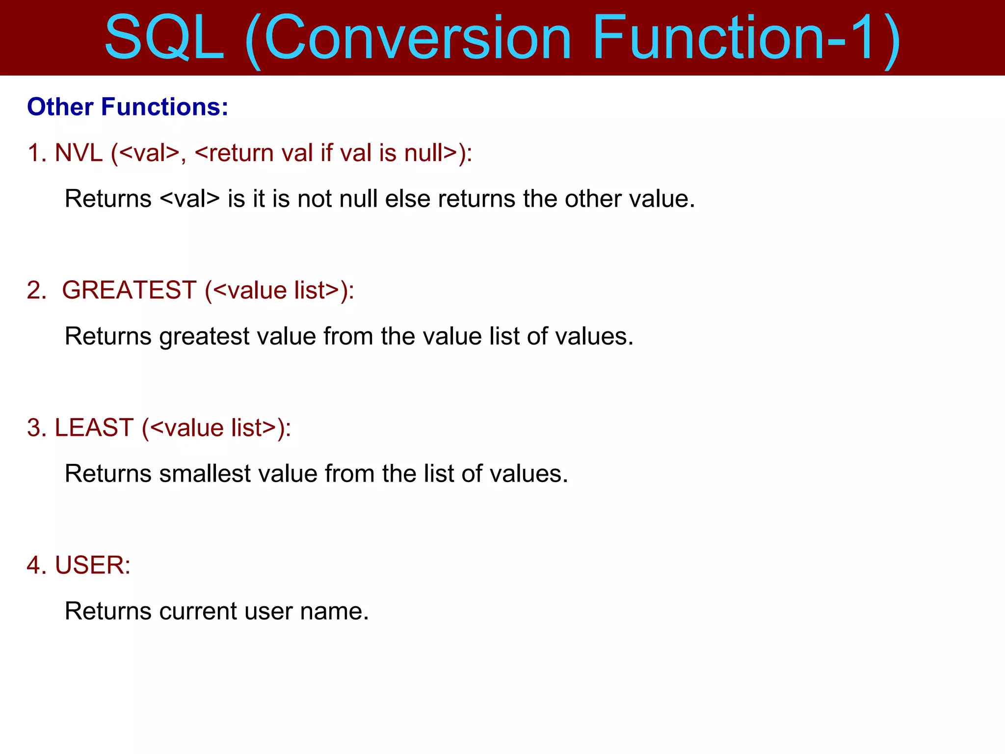 Other Functions:
1. NVL (<val>, <return val if val is null>):
Returns <val> is it is not null else returns the other value.
2. GREATEST (<value list>):
Returns greatest value from the value list of values.
3. LEAST (<value list>):
Returns smallest value from the list of values.
4. USER:
Returns current user name.
SQL (Conversion Function-1)
 