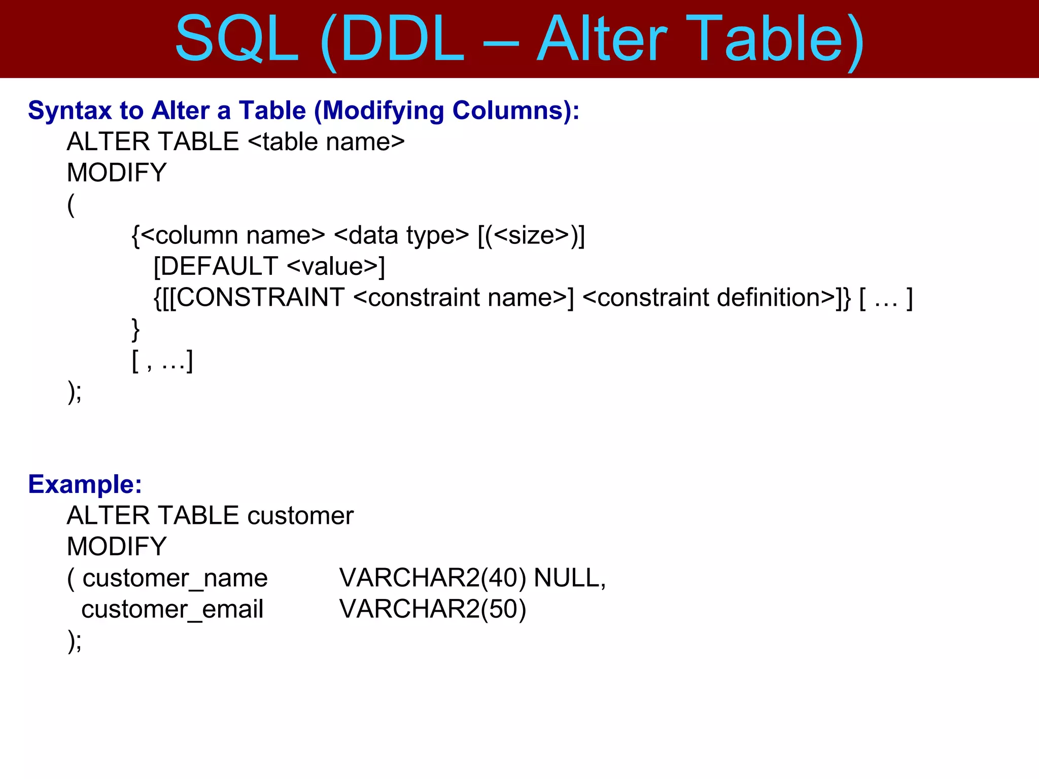 Syntax to Alter a Table (Modifying Columns):
ALTER TABLE <table name>
MODIFY
(
{<column name> <data type> [(<size>)]
[DEFAULT <value>]
{[[CONSTRAINT <constraint name>] <constraint definition>]} [ … ]
}
[ , …]
);
Example:
ALTER TABLE customer
MODIFY
( customer_name VARCHAR2(40) NULL,
customer_email VARCHAR2(50)
);
SQL (DDL – Alter Table)
 