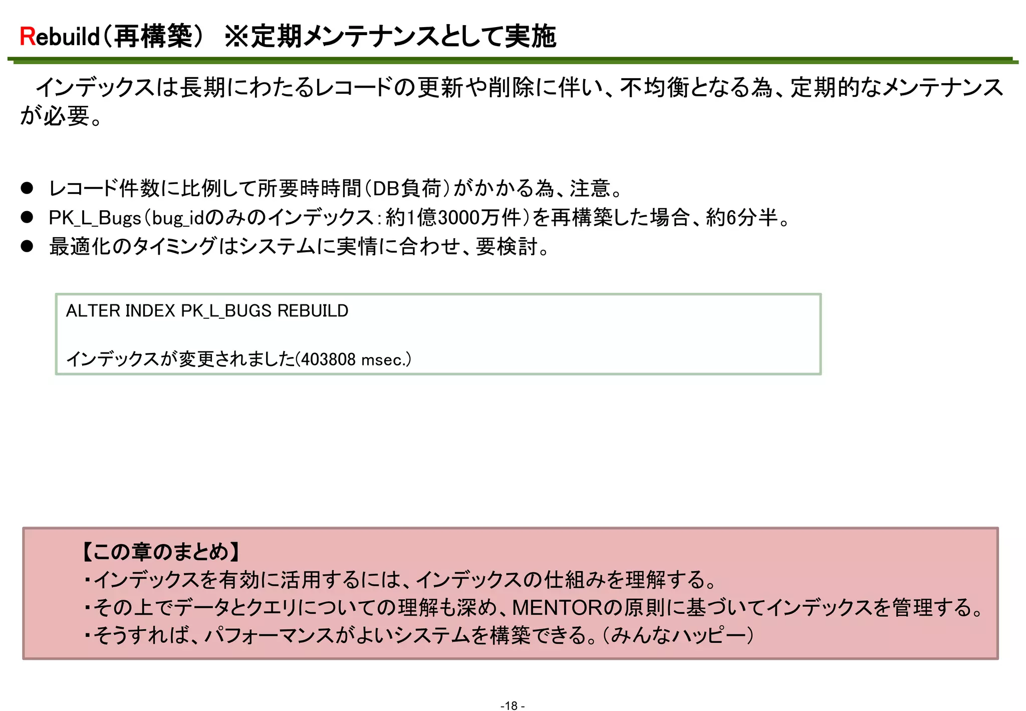 Rebuild（再構築） ※定期メンテナンスとして実施
インデックスは長期にわたるレコードの更新や削除に伴い、不均衡となる為、定期的なメンテナンス
マスタ テキストの書式設定

が必要。
 レコード件数に比例して所要時時間（DB負荷）がかかる為、注意。
 PK_L_Bugs（bug_idのみのインデックス：約1億3000万件）を再構築した場合、約6分半。
 最適化のタイミングはシステムに実情に合わせ、要検討。
ALTER INDEX PK_L_BUGS REBUILD
インデックスが変更されました(403808 msec.)

【この章のまとめ】
・インデックスを有効に活用するには、インデックスの仕組みを理解する。
・その上でデータとクエリについての理解も深め、MENTORの原則に基づいてインデックスを管理する。
・そうすれば、パフォーマンスがよいシステムを構築できる。（みんなハッピー）

-18 -

 