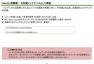 Rebuild（再構築） ※定期メンテナンスとして実施
インデックスは長期にわたるレコードの更新や削除に伴い、不均衡となる為、定期的なメンテナンス
マスタ テキストの書式設定

が必要。
 レコード件数に比例して所要時時間（DB負荷）がかかる為、注意。
 PK_L_Bugs（bug_idのみのインデックス：約1億3000万件）を再構築した場合、約6分半。
 最適化のタイミングはシステムに実情に合わせ、要検討。
ALTER INDEX PK_L_BUGS REBUILD
インデックスが変更されました(403808 msec.)

【この章のまとめ】
・インデックスを有効に活用するには、インデックスの仕組みを理解する。
・その上でデータとクエリについての理解も深め、MENTORの原則に基づいてインデックスを管理する。
・そうすれば、パフォーマンスがよいシステムを構築できる。（みんなハッピー）

-18 -

 