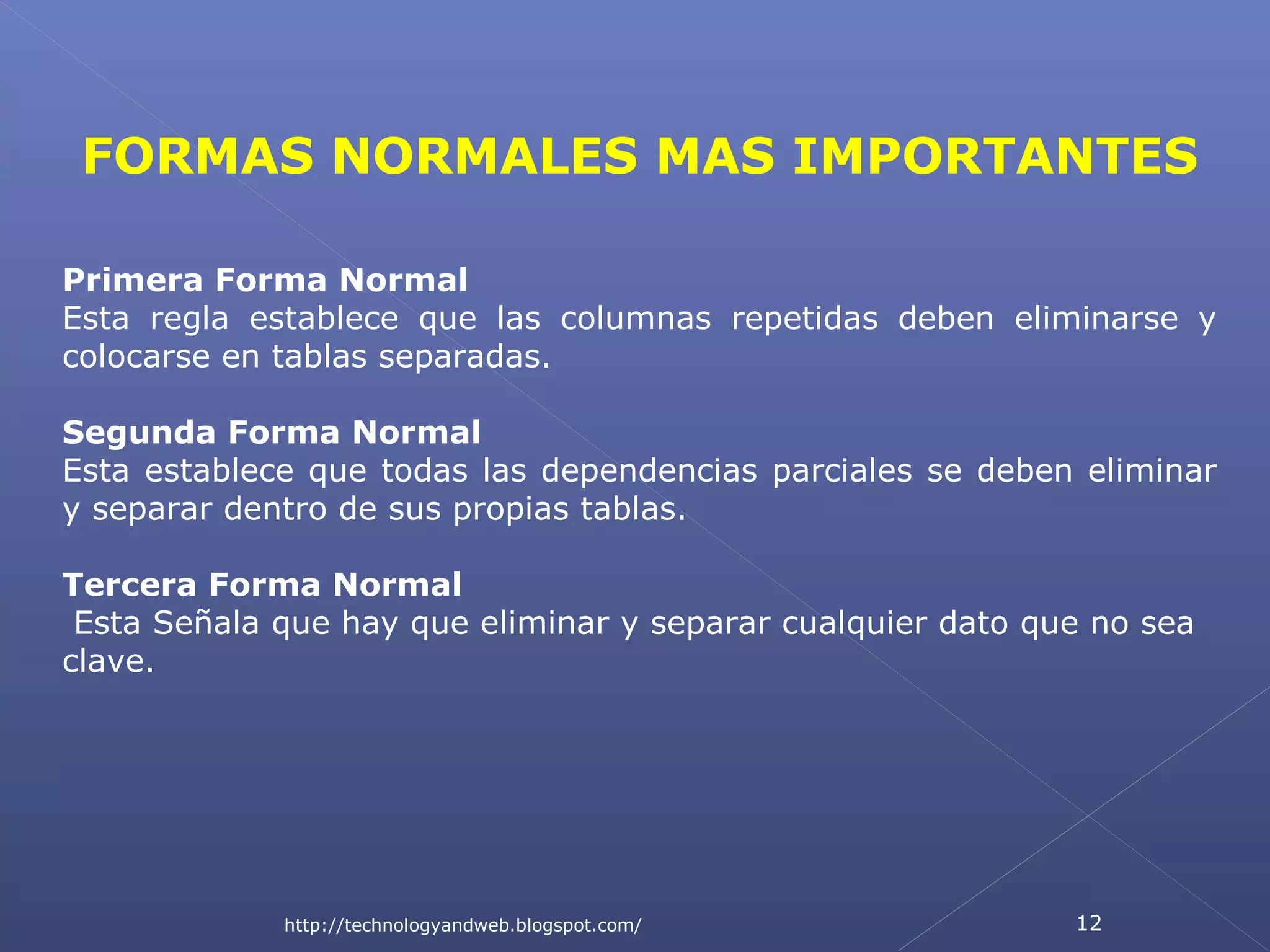 FORMAS NORMALES MAS IMPORTANTES
Primera Forma Normal
Esta regla establece que las columnas repetidas deben eliminarse y
colocarse en tablas separadas.
Segunda Forma Normal
Esta establece que todas las dependencias parciales se deben eliminar
y separar dentro de sus propias tablas.
Tercera Forma Normal
Esta Señala que hay que eliminar y separar cualquier dato que no sea
clave.

http://technologyandweb.blogspot.com/

12

 