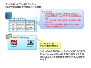 /var/upload/img/
データベース
Hiyoko.jpg Penguis.jpg
reportID comment imagePath
001 XXXXXXX・・・ Penguins.jpg
002 XXXXXXX・・・ Roads.jpg
003 A======・・・ Hiyoko.jpg
ファイルはSQLデータ型ではない
SQLアクセス権限使用時における問題
単なる文字列
- 文字列であること以外に内容の保証はしない
- BMSは実際のファイルが存在することの検証はし
ない。
- ファイルが変更、削除、移動しても自動的に更新
されない。
- OSファイルの命名規則に従わない（大文字小文
字の区別や使用禁止文字）。
テーブルや列への
アクセス権限とは無関係
OSファイルの適切なパーミッションを行う必要が
ある。/var/www/html/配下などにファイルを保
存してしまうと予期せぬ参照が行われる可能性
がある。
 