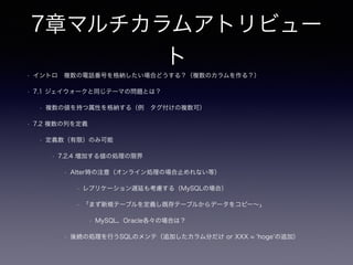 3章IDリクワイアド
• 3.3 アンチパターン
• 多対多の関連が重複してしまった
• いつ気付く？どうやって見つける？
• 3.4 アンチパターンを用いても良い場合
• 疑似キーは自然キーがあまりにも長過ぎる場合には良い選択肢になります。
• 「しかし、ファイルパスのように長い文字列の列にインデックスをつけるのは非効率的で
す」
• なぜ？(格納効率?、後述のセカンダリインデックス?、etc)
• セカンダリインデックスがレコードの探索をPKで格納する場合は特に重要
 