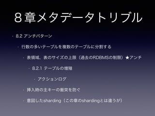 4章キーレスエントリ(外部キー嫌い
)
• 4.1 データベースのアーキテクチャの単純化
• リレーション
• 属性同士が結びついたエンティティ（集合）の関係を表す
• リレーションシップ
• エンティティ間の結びつきを表す
• リレーションシップの可視化（DLLの追跡で）、整合性の責務の明確化（DRY原則によるDBによる責
務の明確化）
• 外部キーを宣言する構文を調べなければならない
• 論外
• テスト環境について（テーブル毎のexp,imp）
 