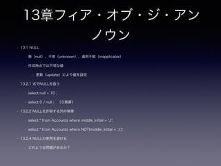 7章マルチカラムアトリビュー
ト
• 7.4 アンチパターンを用いてよい場合
• 1番目の列にはバグを報告したユーザ、2番目の列にはバグの修理を、3番目の列には修正
の確認を
• 例は可変なマルチカラムでは無い状況（ドメインは同じだが、カラムには各々意味があ
る）
• 7.5 解決策：従属テーブルを作成する
• 親子の関係で解決する メリットは？
• Bugs -> BugTags（連関エンティティ）<- Tagsのような関連では？
• tagの内容について整合性の責務をDBで持てる
 