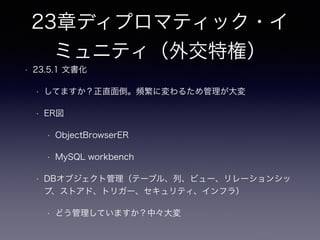 12章インデックスショットガ
ン
• 12.2.3 インデックスが役立たないとき
• しかし、名前（ファーストネーム）が「チャールズ」の人を
• BtreeIndexの特徴 ユニークなデータを均一な計算量で導出
• 以下は何故インデックスが役立たないか？改善策は？
• (last_name,first_name) -> order by first_name,last_name
• where MONTH(date_reported) = 4
 