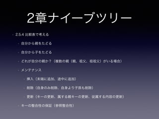 2章ナイーブツリー
• [Gist](https://gist.github.com/hironomiu/e3343fe507441c5b8db1)
• 2.1 階層構造とは
• 組織図
• 商品カテゴリ
• 掲示板（この章は掲示板を前提に記されている）
• ネットワーク図ではありません（循環しない等）
• 隣接リスト（＋再起クエリ）
• 再起クエリ WITH句、CONNECT BY PRIOR構文
• http://www.oracle.com/technetwork/jp/articles/otnj-sql-image7-1525406-ja.html
• 親キー ＝ 子キー のデータを挿入した場合どのような問題が生じるか（循環＝無限ループ
• 親子関係のSQLは直感的にわかりやすい
 