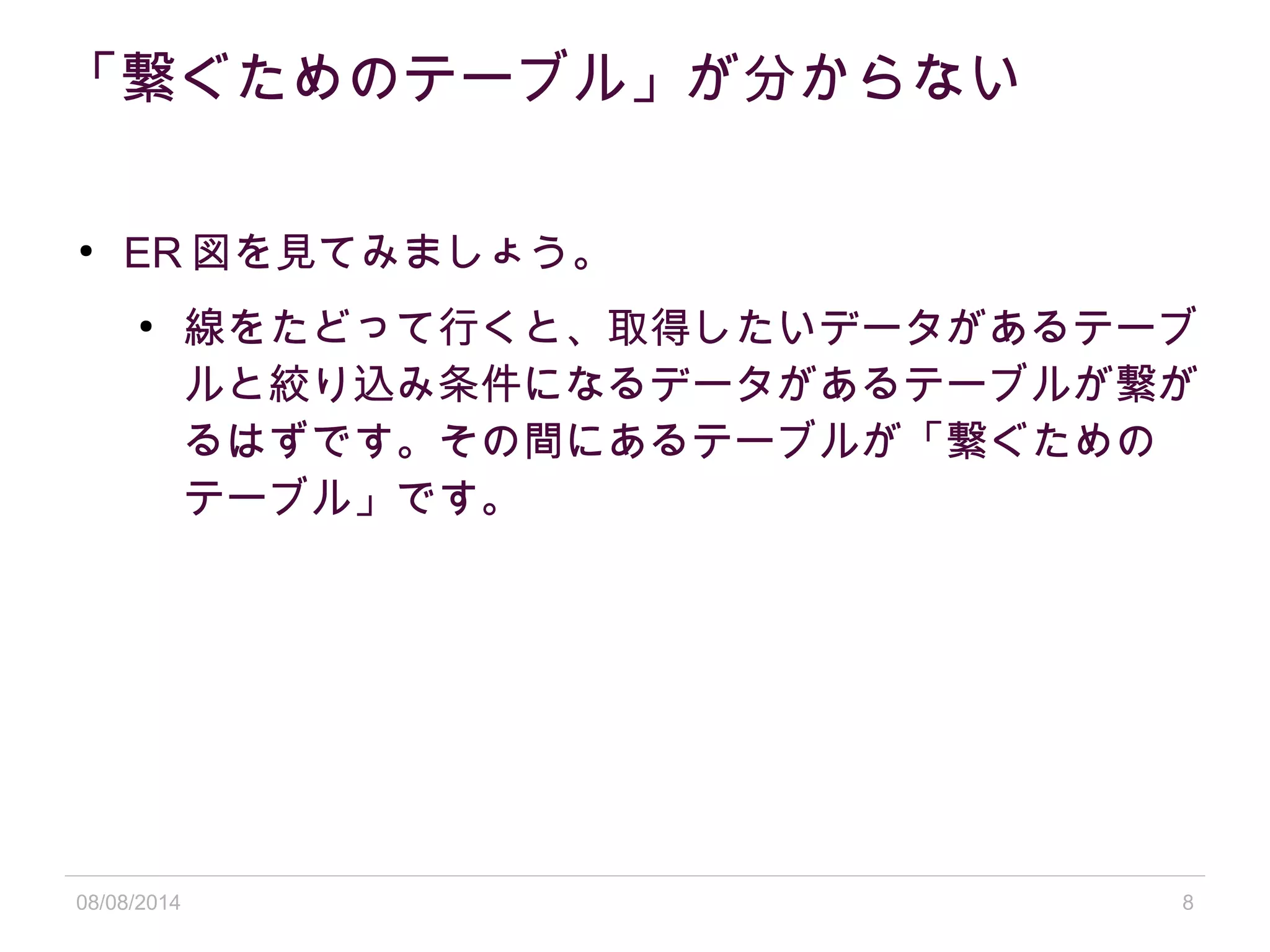 08/08/2014 8
「繋ぐためのテーブル」が分からない
●
ER 図を見てみましょう。
●
線をたどって行くと、取得したいデータがあるテーブ
ルと絞り込み条件になるデータがあるテーブルが繋が
るはずです。その間にあるテーブルが「繋ぐための
テーブル」です。
 