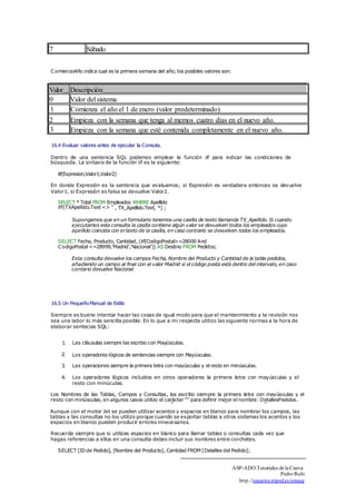 7 Sábado 
ComienzoAño indica cual es la primera semana del año; los posibles valores son: 
Valor Descripción 
0 Valor del sistema 
1 Comienza el año el 1 de enero (valor predeterminado). 
2 Empieza con la semana que tenga al memos cuatro días en el nuevo año. 
3 Empieza con la semana que esté contenida completamente en el nuevo año. 
16.4 Evaluar valores antes de ejecutar la Consuta. 
Dentro de una sentencia SQL podemos emplear la función iif para indicar las condiciones de 
búsqueda. La sintaxis de la función iif es la siguiente: 
iif(Expresion,Valor1,Valor2) 
En donde Expresión es la sentencia que evaluamos; si Expresión es verdadera entonces se devuelve 
Valor1, si Expresión es falsa se devuelve Valor2. 
SELECT * Total FROM Empleados WHERE Apellido 
iff(TXApellido.Text <> " , TX_Apellido.Text, *) ; 
Supongamos que en un formulario tenemos una casilla de texto llamanda TX_Apellido. Si cuando 
ejecutamos esta consulta la casilla contiene algún valor se devuelven todos los empleados cuyo 
apellido coincida con el texto de la casilla, en caso contrario se devuelven todos los empleados. 
SELECT Fecha, Producto, Cantidad, (iif(CodigoPostal>=28000 And 
CodigoPostal <=28999,'Madrid','Nacional')) AS Destino FROM Pedidos; 
Esta consulta devuelve los campos Fecha, Nombre del Producto y Cantidad de la tabla pedidos, 
añadiendo un campo al final con el valor Madrid si el código posta está dentro del intervalo, en caso 
contario devuelve Nacional. 
16.5 Un Pequeño Manual de Estilo 
Siempre es bueno intentar hacer las cosas de igual modo para que el mantenimiento y la revisión nos 
sea una labor lo más sencilla posible. En lo que a mi respecta utilizo las siguiente normas a la hora de 
elaborar sentecias SQL: 
1. Las cláusulas siempre las escribo con Mayúsculas. 
2. Los operadores lógicos de sentencias siempre con Mayúsculas. 
3. Las operaciones siempre la primera letra con mayúsculas y el resto en minúsculas. 
4. Los operadores lógicos incluidos en otros operadores la primera letra con mayúsculas y el 
resto con minúculas. 
Los Nombres de las Tablas, Campos y Consultas, los escribo siempre la primera letra con mayúsculas y el 
resto con minúsculas, en algunos casos utilizo el carácter "" para definir mejor el nombre: _ D_et allesPedidos. 
Aunque con el motor Jet se pueden utilizar acentos y espacios en blanco para nombrar los campos, las 
tablas y las consultas no los utilizo porque cuando se exportar tablas a otros sistemas los acentos y los 
espacios en blanco pueden producir errores innecesarios. 
Recuerda siempre que si utilizas espacios en blanco para llamar tablas o consultas cada vez que 
hagas referencias a ellos en una consulta debes incluir sus nombres entre corchetes. 
SELECT [ID de Pedido], [Nombre del Producto], Cantidad FROM [Detalles del Pedido]; 
ASP-ADO Tutoriales de la Cueva 
Pedro Rufo 
http.//usuarios.tripod.es/smaug 
 