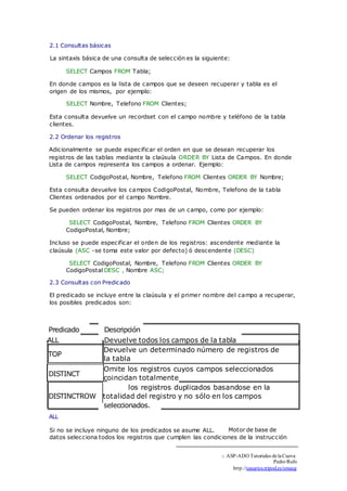 2.1 Consultas básicas 
La sintaxis básica de una consulta de selección es la siguiente: 
SELECT Campos FROM Tabla; 
En donde campos es la lista de campos que se deseen recuperar y tabla es el 
origen de los mismos, por ejemplo: 
SELECT Nombre, Telefono FROM Clientes; 
Esta consulta devuelve un recordset con el campo nombre y teléfono de la tabla 
clientes. 
2.2 Ordenar los registros 
Adicionalmente se puede especificar el orden en que se desean recuperar los 
registros de las tablas mediante la claúsula ORDER BY Lista de Campos. En donde 
Lista de campos representa los campos a ordenar. Ejemplo: 
SELECT CodigoPostal, Nombre, Telefono FROM Clientes ORDER BY Nombre; 
Esta consulta devuelve los campos CodigoPostal, Nombre, Telefono de la tabla 
Clientes ordenados por el campo Nombre. 
Se pueden ordenar los registros por mas de un campo, como por ejemplo: 
SELECT CodigoPostal, Nombre, Telefono FROM Clientes ORDER BY 
CodigoPostal, Nombre; 
Incluso se puede especificar el orden de los registros: ascendente mediante la 
claúsula (ASC -se toma este valor por defecto) ó descendente (DESC) 
SELECT CodigoPostal, Nombre, Telefono FROM Clientes ORDER BY 
CodigoPostal DESC , Nombre ASC; 
2.3 Consultas con Predicado 
El predicado se incluye entre la claúsula y el primer nombre del campo a recuperar, 
los posibles predicados son: 
Predicado Descripción 
ALL 
Devuelve todos los campos de la tabla 
Devuelve un determinado número de registros de 
la tabla 
TOP 
DISTINCT 
Omite los registros cuyos campos seleccionados 
coincidan totalmente 
DISTINCTROW 
los registros duplicados basandose en la 
totalidad del registro y no sólo en los campos 
seleccionados. 
ALL 
Si no se incluye ninguno de los predicados se asume ALL. Motor de base de 
datos selecciona todos los registros que cumplen las condiciones de la instrucción 
ASP-ADO Tutoriales de la Cueva 
Pedro Rufo 
http.//usuarios.tripod.es/smaug 
□ 
 
