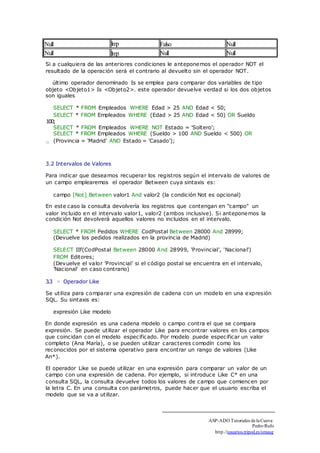 Null Imp Falso Null 
Null Imp Null Null 
Si a cualquiera de las anteriores condiciones le anteponemos el operador NOT el 
resultado de la operación será el contrario al devuelto sin el operador NOT. 
último operador denominado Is se emplea para comparar dos variables de tipo 
objeto <Objeto1> Is <Objeto2>. este operador devuelve verdad si los dos objetos 
son iguales 
SELECT * FROM Empleados WHERE Edad > 25 AND Edad < 50; 
SELECT * FROM Empleados WHERE (Edad > 25 AND Edad < 50) OR Sueldo 
100; 
SELECT * FROM Empleados WHERE NOT Estado = 'Soltero'; 
SELECT * FROM Empleados WHERE (Sueldo > 100 AND Sueldo < 500) OR 
(Provincia = 'Madrid' AND Estado = 'Casado'); 
3.2 Intervalos de Valores 
Para indicar que deseamos recuperar los registros según el intervalo de valores de 
un campo emplearemos el operador Between cuya sintaxis es: 
campo [Not] Between valor1 And valor2 (la condición Not es opcional) 
En este caso la consulta devolvería los registros que contengan en "campo" un 
valor incluido en el intervalo valor1, valor2 (ambos inclusive). Si anteponemos la 
condición Not devolverá aquellos valores no incluidos en el intervalo. 
SELECT * FROM Pedidos WHERE CodPostal Between 28000 And 28999; 
(Devuelve los pedidos realizados en la provincia de Madrid) 
SELECT IIf(CodPostal Between 28000 And 28999, 'Provincial', 'Nacional') 
FROM Editores; 
(Devuelve el valor 'Provincial' si el código postal se encuentra en el intervalo, 
'Nacional' en caso contrario) 
3.3 Operador Like 
Se utiliza para comparar una expresión de cadena con un modelo en una expresión 
SQL. Su sintaxis es: 
expresión Like modelo 
En donde expresión es una cadena modelo o campo contra el que se compara 
expresión. Se puede utilizar el operador Like para encontrar valores en los campos 
que coincidan con el modelo especificado. Por modelo puede especificar un valor 
completo (Ana María), o se pueden utilizar caracteres comodín como los 
reconocidos por el sistema operativo para encontrar un rango de valores (Like 
An*). 
El operador Like se puede utilizar en una expresión para comparar un valor de un 
campo con una expresión de cadena. Por ejemplo, si introduce Like C* en una 
consulta SQL, la consulta devuelve todos los valores de campo que comiencen por 
la letra C. En una consulta con parámetros, puede hacer que el usuario escriba el 
modelo que se va a utilizar. 
ASP-ADO Tutoriales de la Cueva 
Pedro Rufo 
http.//usuarios.tripod.es/smaug 
□ 
□ 
 