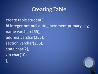 Creating Table 
create table student( 
id integer not null auto_increment primary key, 
name varchar(255), 
address varchar(255), 
section varchar(255), 
state char(2), 
zip char(10) 
); 
 