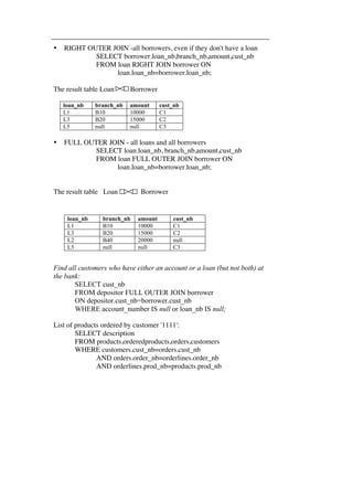 • RIGHT OUTER JOIN -all borrowers, even if they don't have a loan 
SELECT borrower.loan_nb,branch_nb,amount,cust_nb 
FROM loan RIGHT JOIN borrower ON 
loan.loan_nb=borrower.loan_nb; 
The result table Loan Borrower 
loan_nb branch_nb amount cust_nb 
L1 B10 10000 C1 
L3 B20 15000 C2 
L5 null null C3 
• FULL OUTER JOIN - all loans and all borrowers 
SELECT loan.loan_nb, branch_nb,amount,cust_nb 
FROM loan FULL OUTER JOIN borrower ON 
loan.loan_nb=borrower.loan_nb; 
The result table Loan Borrower 
loan_nb branch_nb amount cust_nb 
L1 B10 10000 C1 
L3 B20 15000 C2 
L2 B40 20000 null 
L5 null null C3 
Find all customers who have either an account or a loan (but not both) at 
the bank: 
SELECT cust_nb 
FROM depositor FULL OUTER JOIN borrower 
ON depositor.cust_nb=borrower.cust_nb 
WHERE account_number IS null or loan_nb IS null; 
List of products ordered by customer '1111': 
SELECT description 
FROM products,orderedproducts,orders,customers 
WHERE customers.cust_nb=orders.cust_nb 
AND orders.order_nb=orderlines.order_nb 
AND orderlines.prod_nb=products.prod_nb 
 