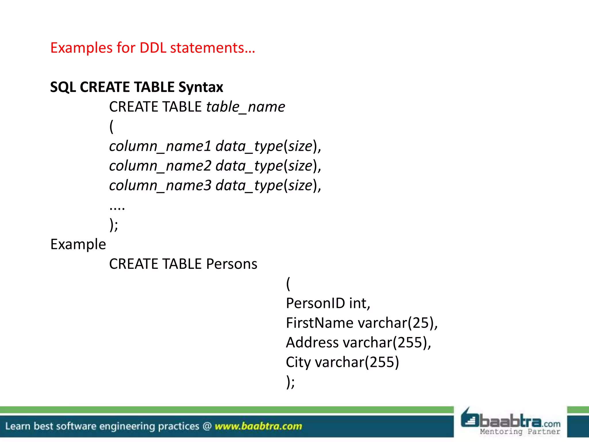 Examples for DDL statements…
SQL CREATE TABLE Syntax
CREATE TABLE table_name
(
column_name1 data_type(size),
column_name2 data_type(size),
column_name3 data_type(size),
....
);
Example
CREATE TABLE Persons
(
PersonID int,
FirstName varchar(25),
Address varchar(255),
City varchar(255)
);
 