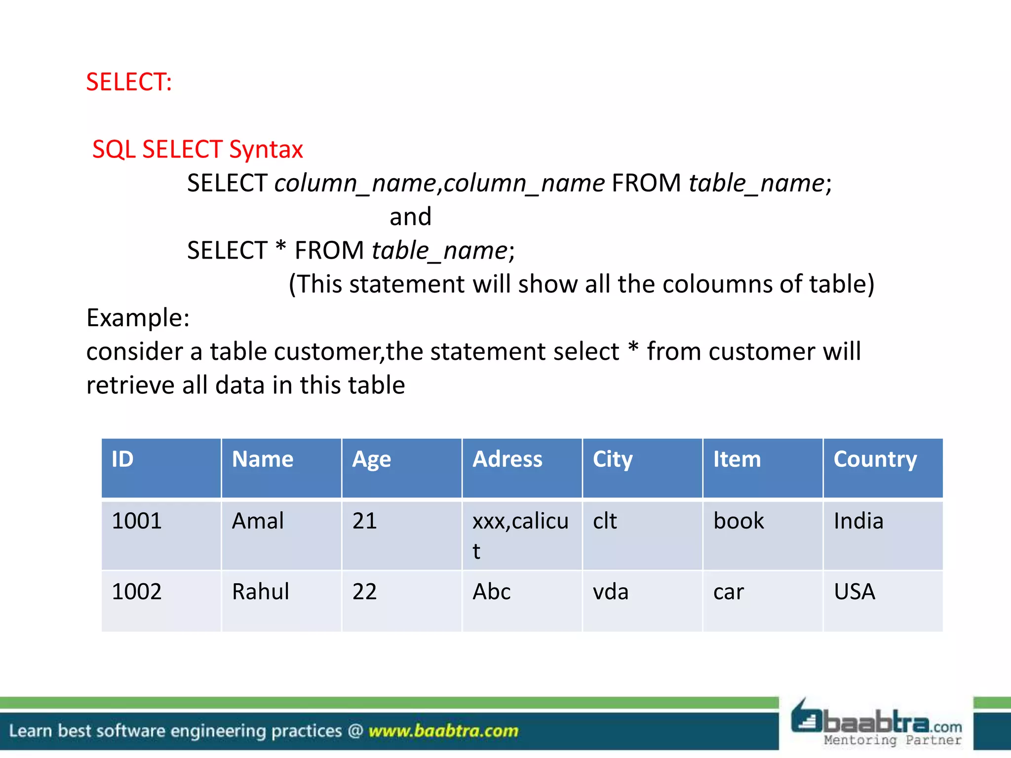 SELECT:
SQL SELECT Syntax
SELECT column_name,column_name FROM table_name;
and
SELECT * FROM table_name;
(This statement will show all the coloumns of table)
Example:
consider a table customer,the statement select * from customer will
retrieve all data in this table
ID Name Age Adress City Item Country
1001 Amal 21 xxx,calicu
t
clt book India
1002 Rahul 22 Abc vda car USA
 