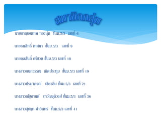 นายกาญจนเทพ ทองนุ่ม ชั้นม.5/3 เลขที่ 6
นายธนสิทธิ์ เทศนา ชั้นม.5/3 เลขที่ 9
นายดลสันติ์ กรีชวด ชั้นม.5/3 เลขที่ 18
นางสาวกนกวรรณ เกิดประทุม ชั้นม.5/3 เลขที่ 19
นางสาวปรมาภรณ์ เขียวอิ่ม ชั้นม.5/3 เลขที่ 21
นางสาวณัฐกานต์ เทวัญจุติวงศ์ ชั้นม.5/3 เลขที่ 36
นางสาวสุชญา คาอินทร์ ชั้นม.5/3 เลขที่ 41
 