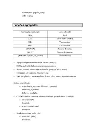 where type = ‘popular_comp’
order by price
Funções agregadas
Palavra chave da função Valor calculado
SUM Total
AVG Valor médio (média)
MIN Valor mínimo
MAX Valor máximo
COUNT(*) Número de linhas
COUNT Número de (únicos)
([DISTINCT] nome_da_coluna) Valores válidos
• Agregados ignoram valores nulos (exceto count(*));
• SUM e AVG só trabalham com valores numéricos;
• Só uma coluna é retornada (se a cláusula “group by” não é usada);
• Não podem ser usados na cláusula where;
• Pode ser aplicado a todas as colunas de uma tabela ou subconjunto de tabelas
Sintaxe simplificada:
o select função_agregada ([distinct] expressão)
from lista_de_tabelas
[where ... condições]
• COUNT: contém a soma do número de colunas que satisfazem a condição
o select count(*)
from titles
o select count(advance)
from titles
• MAX: determina o maior valor
o select max (price)
from titles
 
