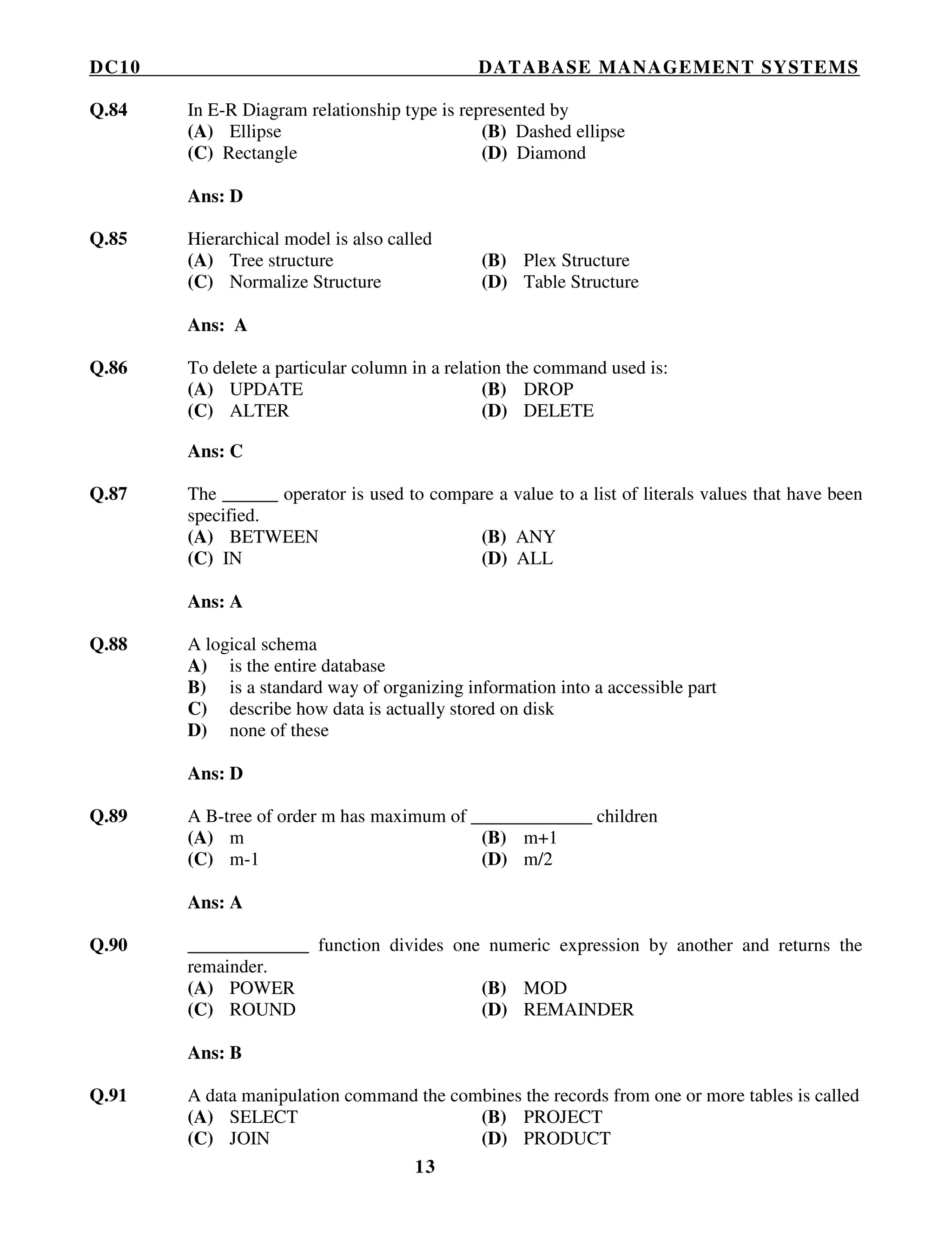DC10 DATABASE MANAGEMENT SYSTEMS
13
Q.84 In E-R Diagram relationship type is represented by
(A) Ellipse (B) Dashed ellipse
(C) Rectangle (D) Diamond
Ans: D
Q.85 Hierarchical model is also called
(A) Tree structure (B) Plex Structure
(C) Normalize Structure (D) Table Structure
Ans: A
Q.86 To delete a particular column in a relation the command used is:
(A) UPDATE (B) DROP
(C) ALTER (D) DELETE
Ans: C
Q.87 The ______ operator is used to compare a value to a list of literals values that have been
specified.
(A) BETWEEN (B) ANY
(C) IN (D) ALL
Ans: A
Q.88 A logical schema
A) is the entire database
B) is a standard way of organizing information into a accessible part
C) describe how data is actually stored on disk
D) none of these
Ans: D
Q.89 A B-tree of order m has maximum of _____________ children
(A) m (B) m+1
(C) m-1 (D) m/2
Ans: A
Q.90 _____________ function divides one numeric expression by another and returns the
remainder.
(A) POWER (B) MOD
(C) ROUND (D) REMAINDER
Ans: B
Q.91 A data manipulation command the combines the records from one or more tables is called
(A) SELECT (B) PROJECT
(C) JOIN (D) PRODUCT
 