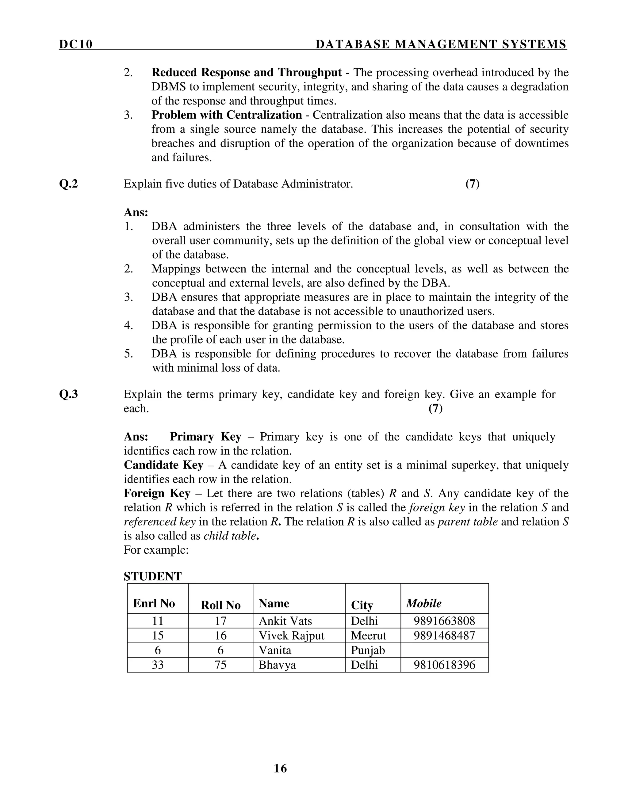 DC10 DATABASE MANAGEMENT SYSTEMS
16
2. Reduced Response and Throughput - The processing overhead introduced by the
DBMS to implement security, integrity, and sharing of the data causes a degradation
of the response and throughput times.
3. Problem with Centralization - Centralization also means that the data is accessible
from a single source namely the database. This increases the potential of security
breaches and disruption of the operation of the organization because of downtimes
and failures.
Q.2 Explain five duties of Database Administrator. (7)
Ans:
1. DBA administers the three levels of the database and, in consultation with the
overall user community, sets up the definition of the global view or conceptual level
of the database.
2. Mappings between the internal and the conceptual levels, as well as between the
conceptual and external levels, are also defined by the DBA.
3. DBA ensures that appropriate measures are in place to maintain the integrity of the
database and that the database is not accessible to unauthorized users.
4. DBA is responsible for granting permission to the users of the database and stores
the profile of each user in the database.
5. DBA is responsible for defining procedures to recover the database from failures
with minimal loss of data.
Q.3 Explain the terms primary key, candidate key and foreign key. Give an example for
each. (7)
Ans: Primary Key – Primary key is one of the candidate keys that uniquely
identifies each row in the relation.
Candidate Key – A candidate key of an entity set is a minimal superkey, that uniquely
identifies each row in the relation.
Foreign Key – Let there are two relations (tables) R and S. Any candidate key of the
relation R which is referred in the relation S is called the foreign key in the relation S and
referenced key in the relation R. The relation R is also called as parent table and relation S
is also called as child table.
For example:
STUDENT
Enrl No Roll No Name City Mobile
11 17 Ankit Vats Delhi 9891663808
15 16 Vivek Rajput Meerut 9891468487
6 6 Vanita Punjab
33 75 Bhavya Delhi 9810618396
 