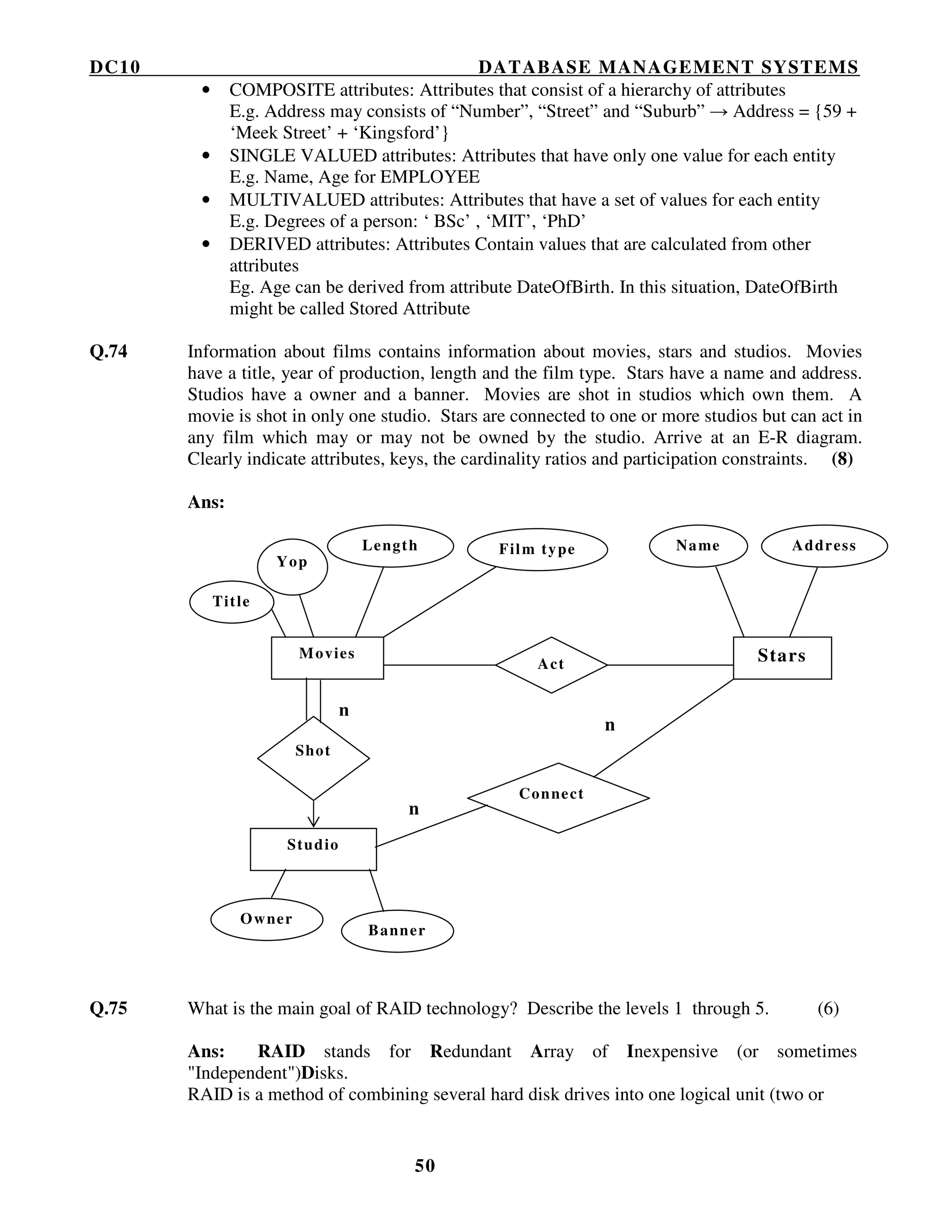 DC10 DATABASE MANAGEMENT SYSTEMS
50
• COMPOSITE attributes: Attributes that consist of a hierarchy of attributes
E.g. Address may consists of “Number”, “Street” and “Suburb” → Address = {59 +
‘Meek Street’ + ‘Kingsford’}
• SINGLE VALUED attributes: Attributes that have only one value for each entity
E.g. Name, Age for EMPLOYEE
• MULTIVALUED attributes: Attributes that have a set of values for each entity
E.g. Degrees of a person: ‘ BSc’ , ‘MIT’, ‘PhD’
• DERIVED attributes: Attributes Contain values that are calculated from other
attributes
Eg. Age can be derived from attribute DateOfBirth. In this situation, DateOfBirth
might be called Stored Attribute
Q.74 Information about films contains information about movies, stars and studios. Movies
have a title, year of production, length and the film type. Stars have a name and address.
Studios have a owner and a banner. Movies are shot in studios which own them. A
movie is shot in only one studio. Stars are connected to one or more studios but can act in
any film which may or may not be owned by the studio. Arrive at an E-R diagram.
Clearly indicate attributes, keys, the cardinality ratios and participation constraints. (8)
Ans:
Q.75 What is the main goal of RAID technology? Describe the levels 1 through 5. (6)
Ans: RAID stands for Redundant Array of Inexpensive (or sometimes
"Independent")Disks.
RAID is a method of combining several hard disk drives into one logical unit (two or
n
n
Title
Yop
Length Film type Name Address
Movies
Act Stars
Shot
Studio
Owner
Banner
Connect
n
 