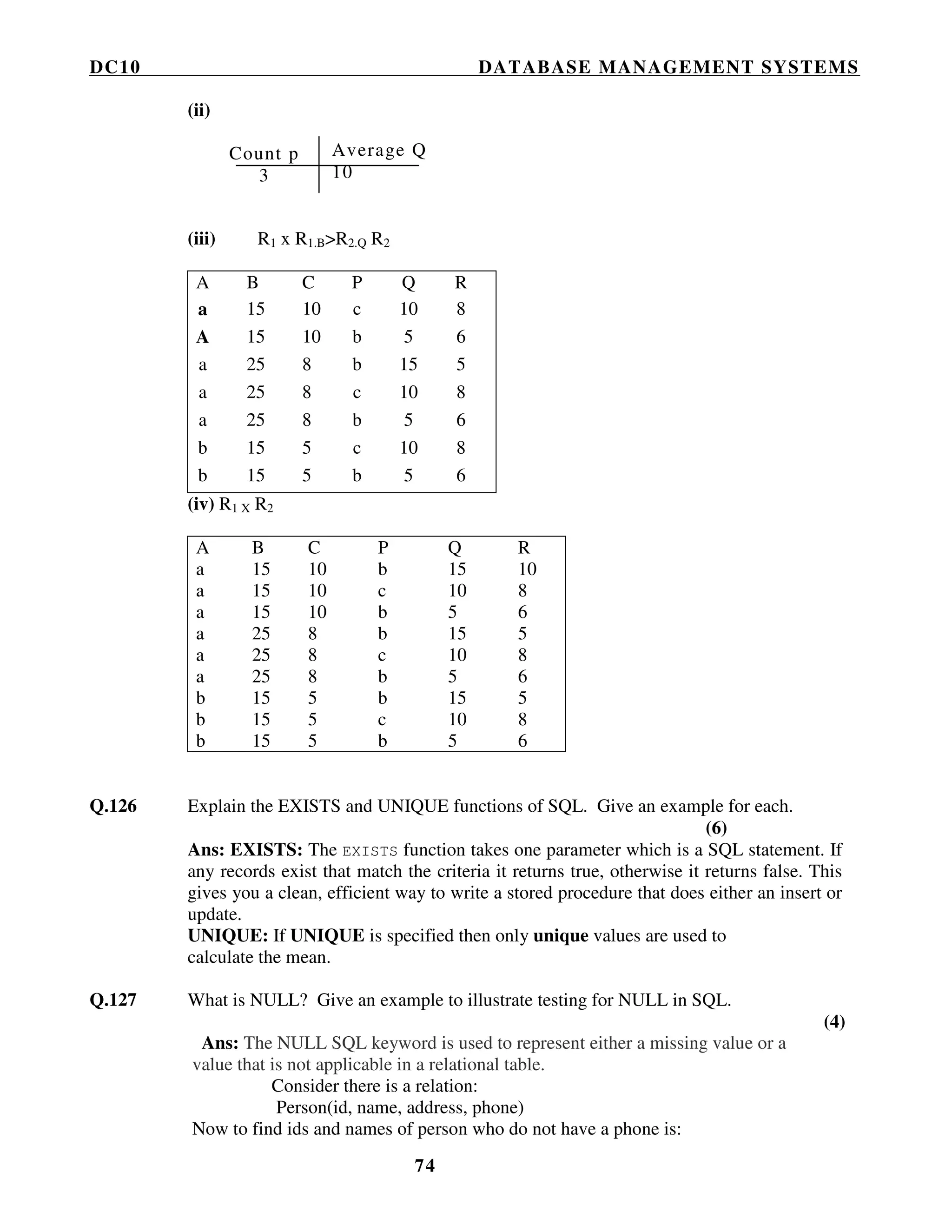 DC10 DATABASE MANAGEMENT SYSTEMS
74
(ii)
(iii) R1 x R1.B>R2.Q R2
(iv) R1 X R2
A B C P Q R
a 15 10 b 15 10
a 15 10 c 10 8
a 15 10 b 5 6
a 25 8 b 15 5
a 25 8 c 10 8
a 25 8 b 5 6
b 15 5 b 15 5
b 15 5 c 10 8
b 15 5 b 5 6
Q.126 Explain the EXISTS and UNIQUE functions of SQL. Give an example for each.
(6)
Ans: EXISTS: The EXISTS function takes one parameter which is a SQL statement. If
any records exist that match the criteria it returns true, otherwise it returns false. This
gives you a clean, efficient way to write a stored procedure that does either an insert or
update.
UNIQUE: If UNIQUE is specified then only unique values are used to
calculate the mean.
Q.127 What is NULL? Give an example to illustrate testing for NULL in SQL.
(4)
Ans: The NULL SQL keyword is used to represent either a missing value or a
value that is not applicable in a relational table.
Consider there is a relation:
Person(id, name, address, phone)
Now to find ids and names of person who do not have a phone is:
A B C P Q R
a 15 10 c 10 8
A 15 10 b 5 6
a 25 8 b 15 5
a 25 8 c 10 8
a 25 8 b 5 6
b 15 5 c 10 8
b 15 5 b 5 6
Average Q
10
Count p
3
 