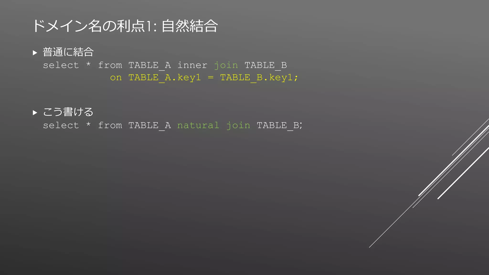 ドメイン名の利点1: 自然結合
 普通に結合
select * from TABLE_A inner join TABLE_B
on TABLE_A.key1 = TABLE_B.key1;
 こう書ける
select * from TABLE_A natural join TABLE_B;
 