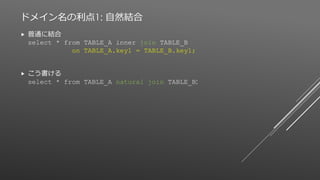 ドメイン名の利点1: 自然結合
 普通に結合
select * from TABLE_A inner join TABLE_B
on TABLE_A.key1 = TABLE_B.key1;
 こう書ける
select * from TABLE_A natural join TABLE_B;
 