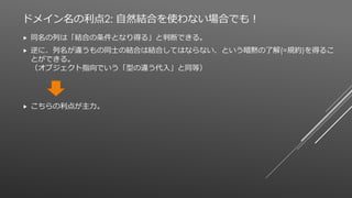 ドメイン名の利点2: 自然結合を使わない場合でも！
 同名の列は「結合の条件となり得る」と判断できる。
 逆に、列名が違うもの同士の結合は結合してはならない、という暗黙の了解(=規約)を得るこ
とができる。
（オブジェクト指向でいう「型の違う代入」と同等）
 こちらの利点が主力。
 
